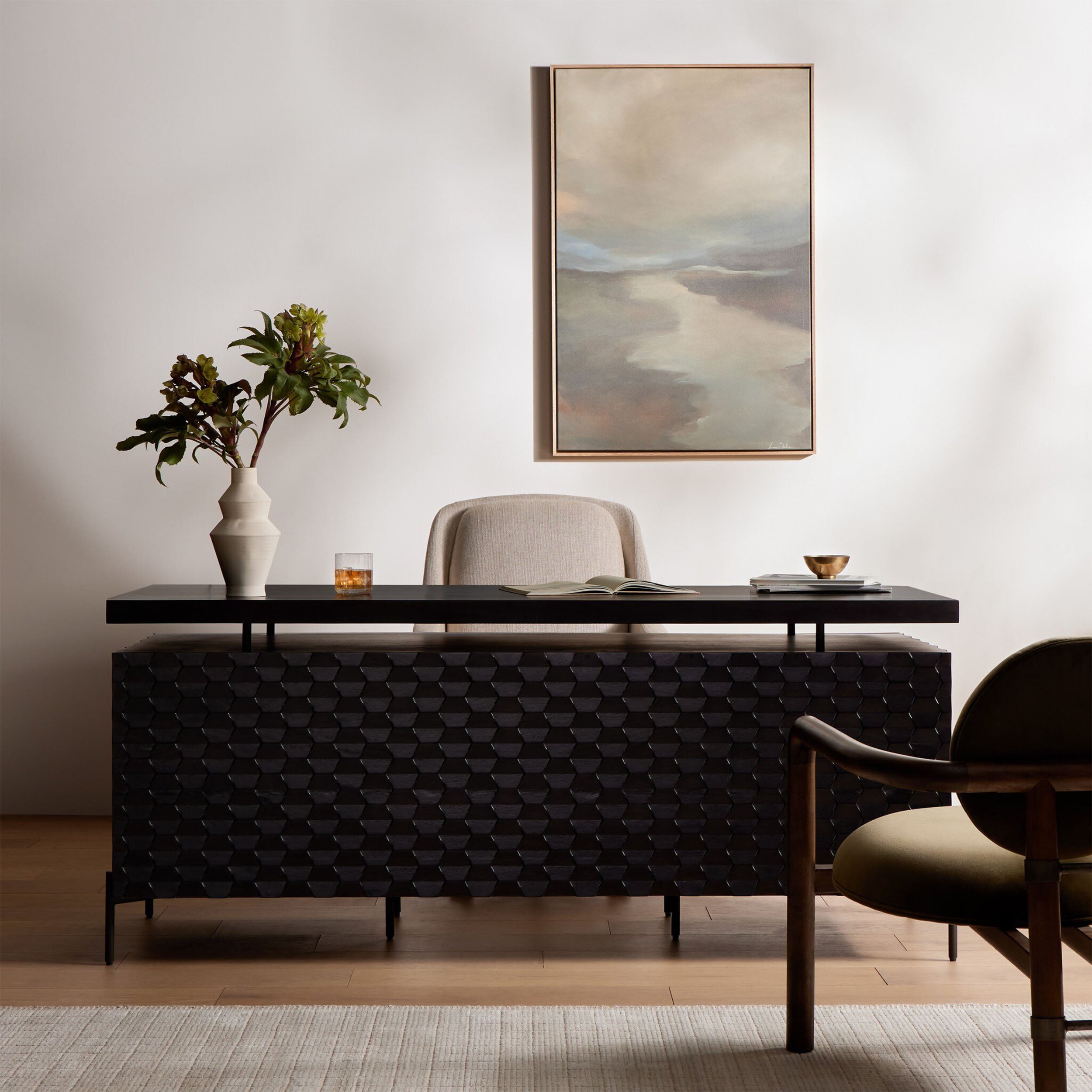Raffael Desk, Gunmetal, Carved Black Wash