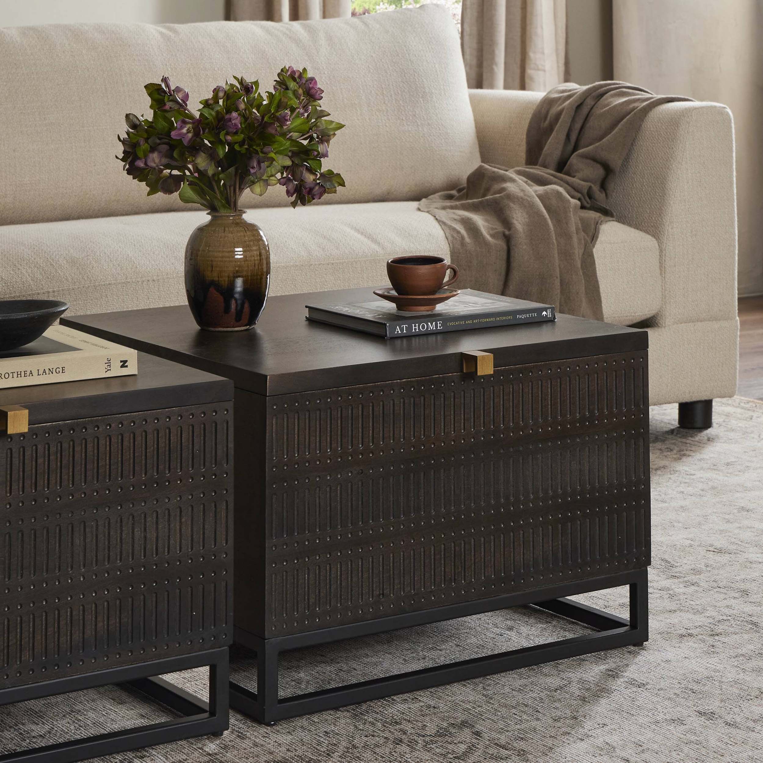 Kelby Storage Bunching Table, Gunmetal, Carved Vintage Brown