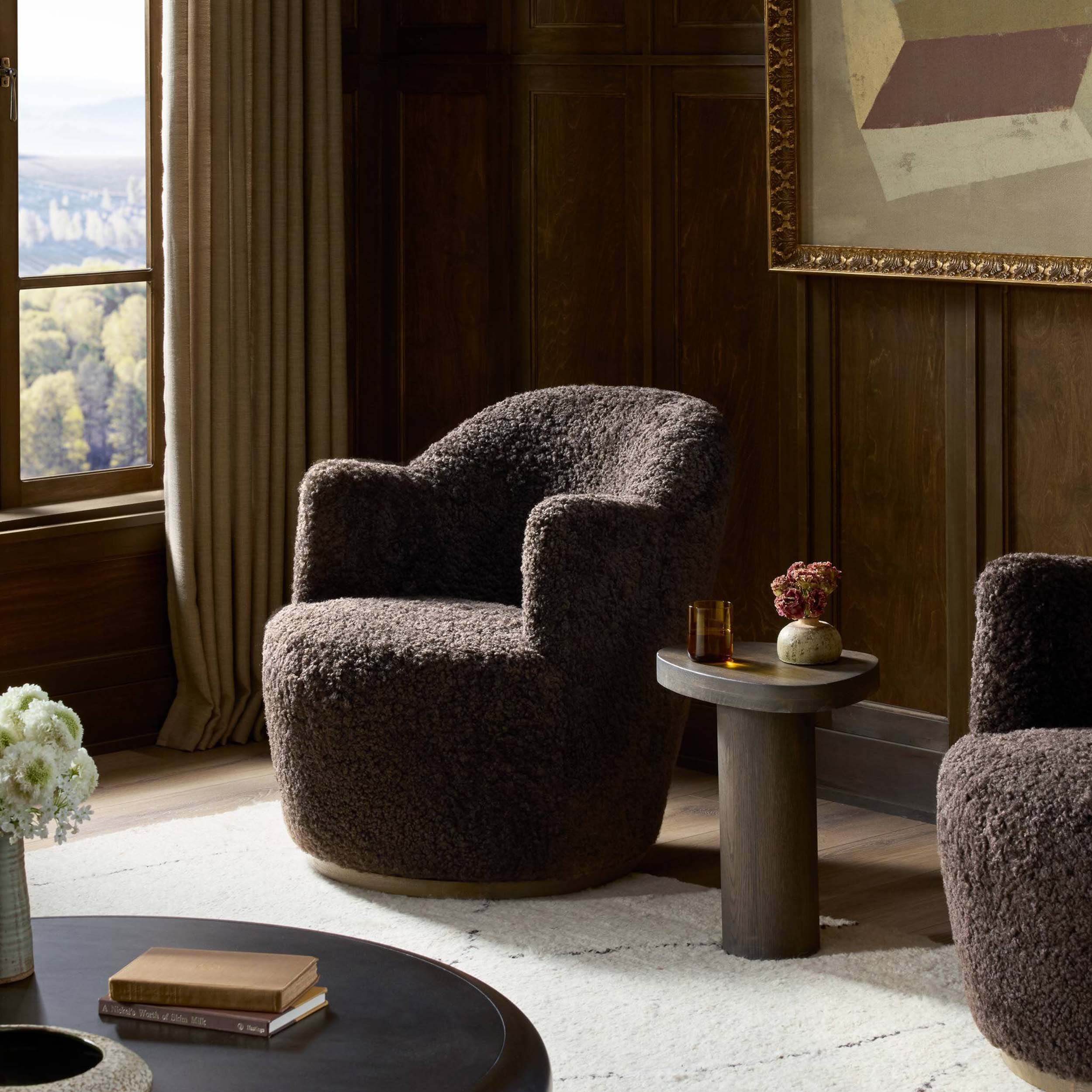Aurora Swivel Chair, Cocoa Shearling