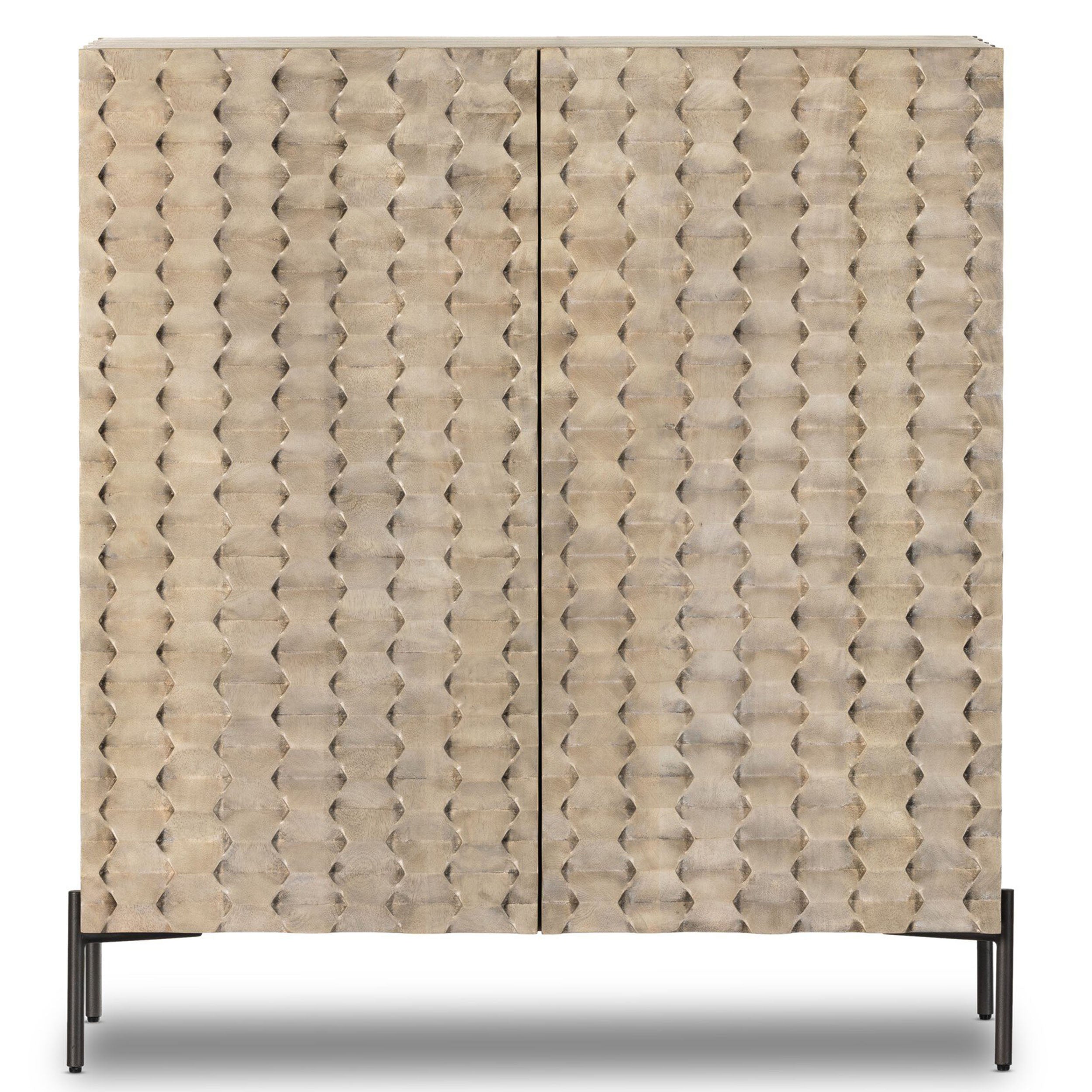 Raffael Bar Cabinet, Carved Stonewash Grey Mango