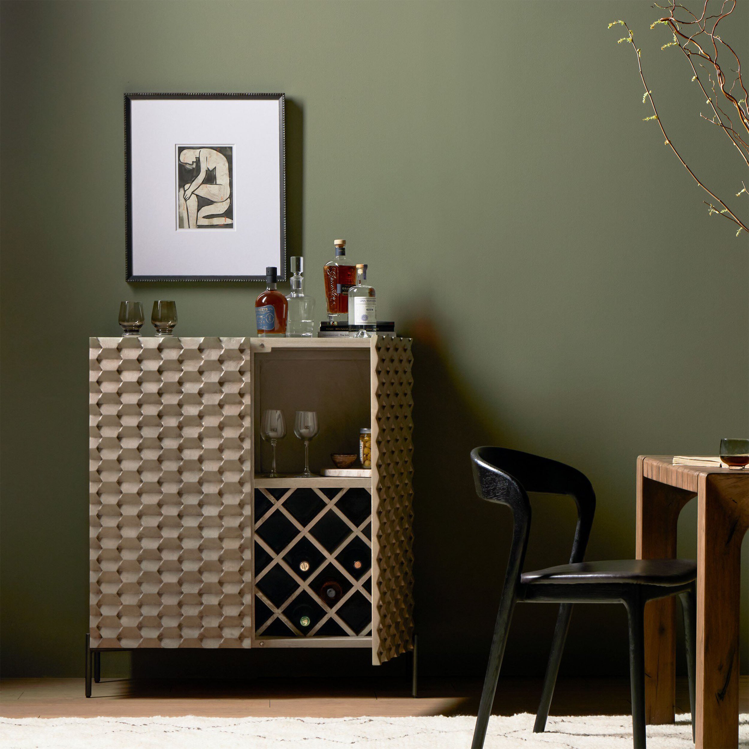 Raffael Bar Cabinet, Carved Stonewash Grey Mango