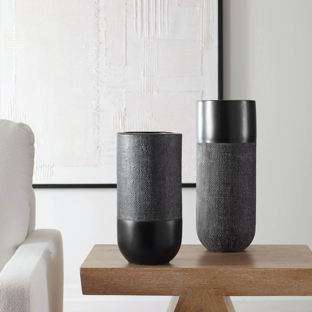 Woven Shadow Vases, Black, Set of 2 – styled in a room setting