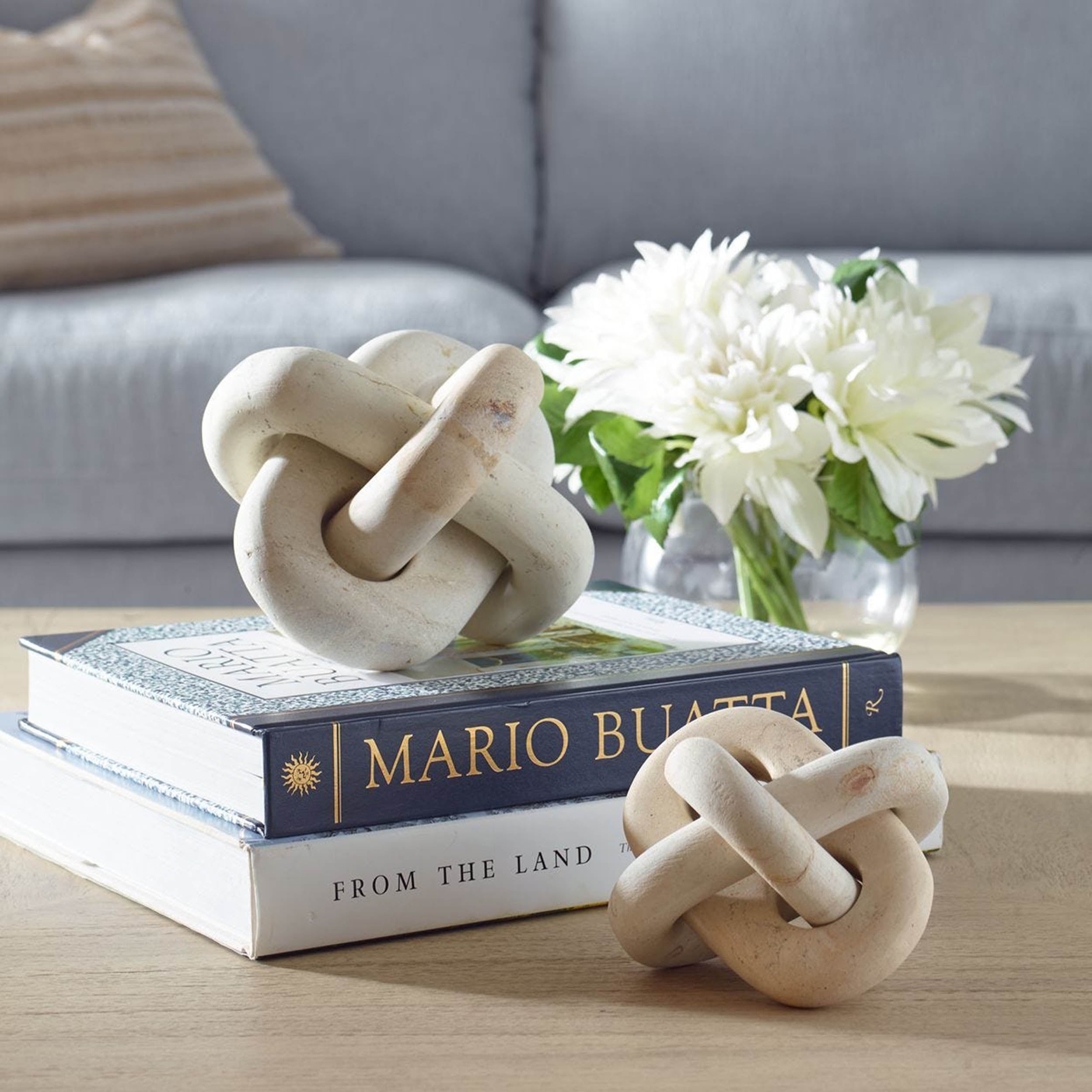 Limestone Link Indoor-Outdoor Sculptures, Cream, Set of 2 – styled in a room setting