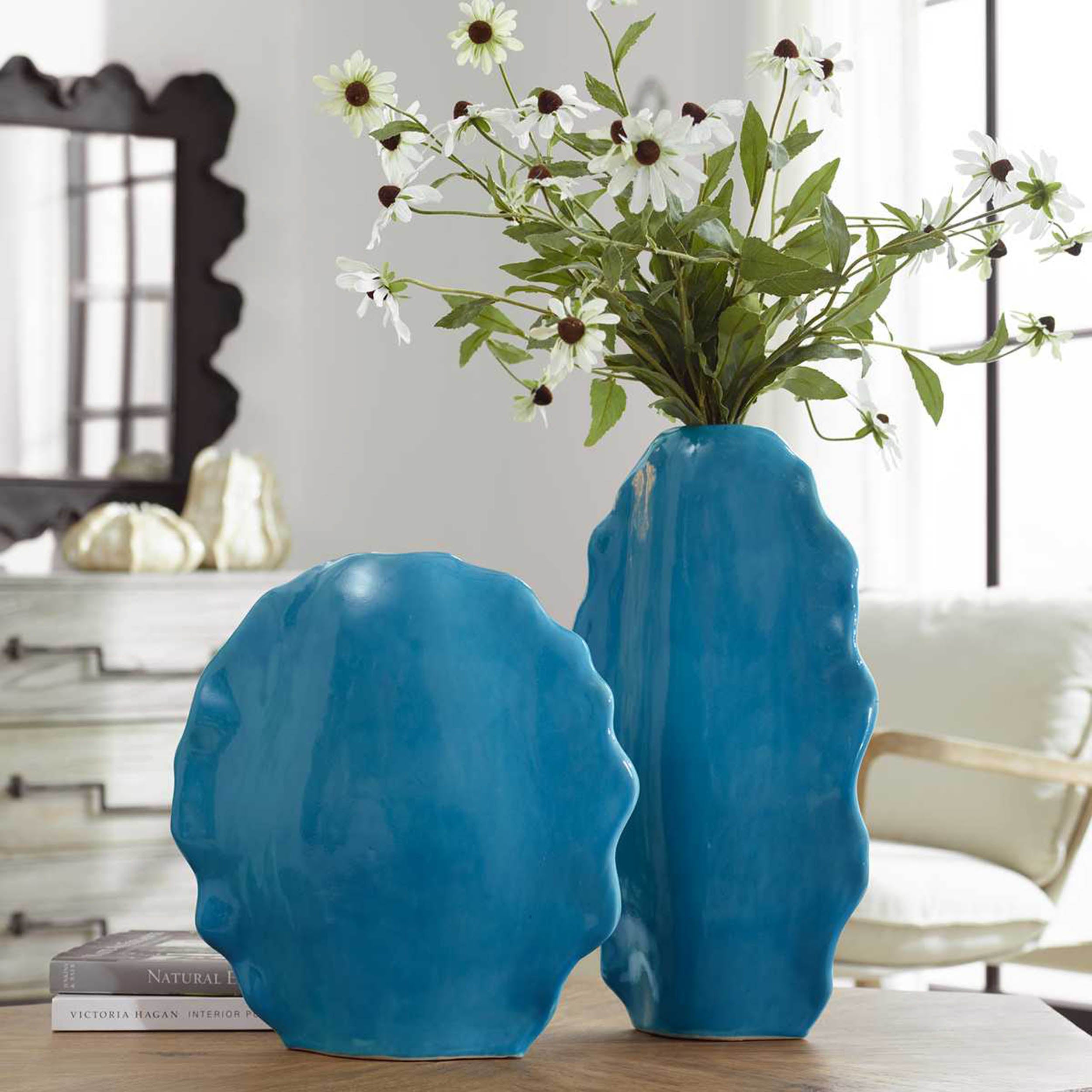 Ruffled Feathers Vases, Blue, Set of 2