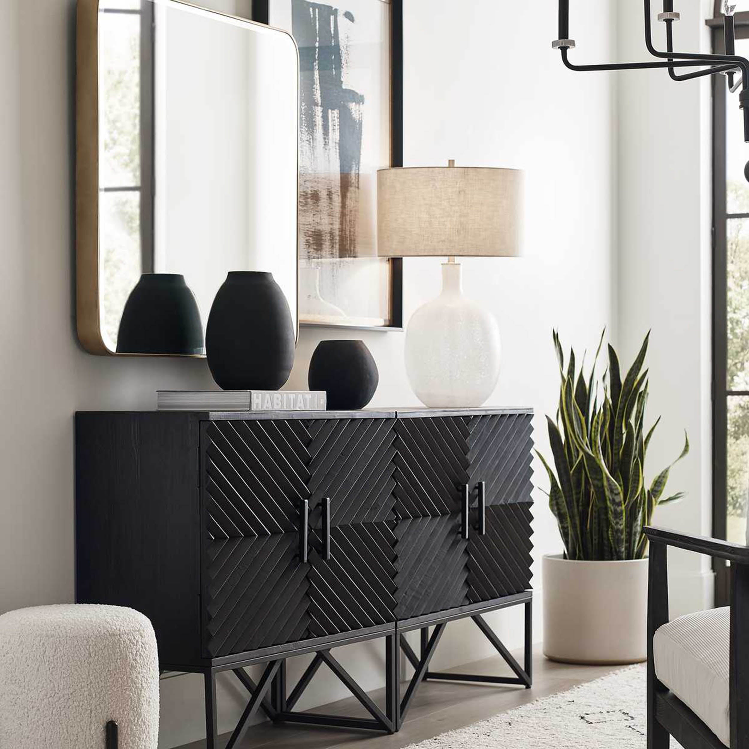 Hearth Vases, Black, Set of 3 Statement Home Furniture Piece – styled in a room setting