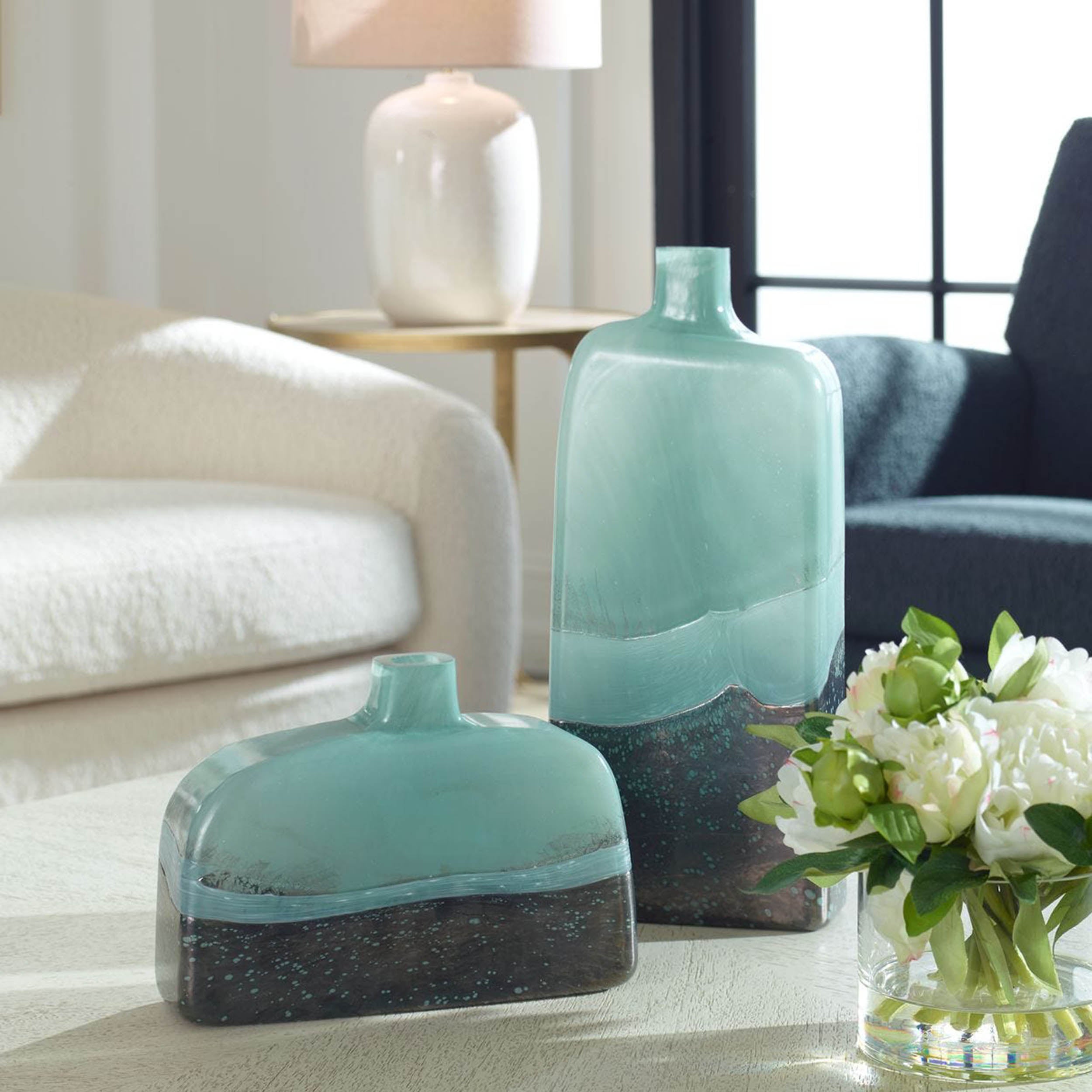 Fuze Vases, Aqua, Set of 2 Statement Home Furniture Piece – styled in a room setting