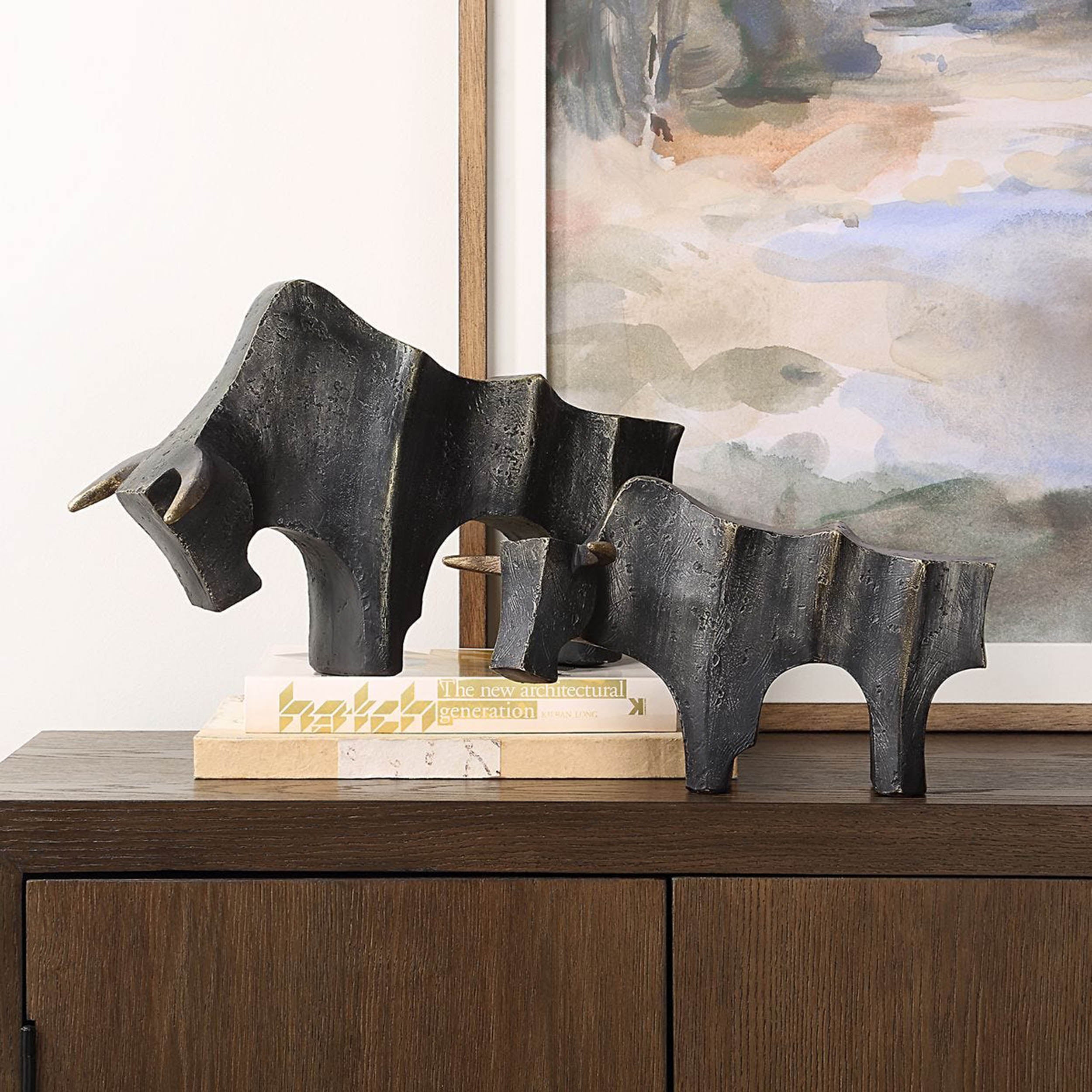Regal Bull Sculptures, Dark Bronze, Set of 2
