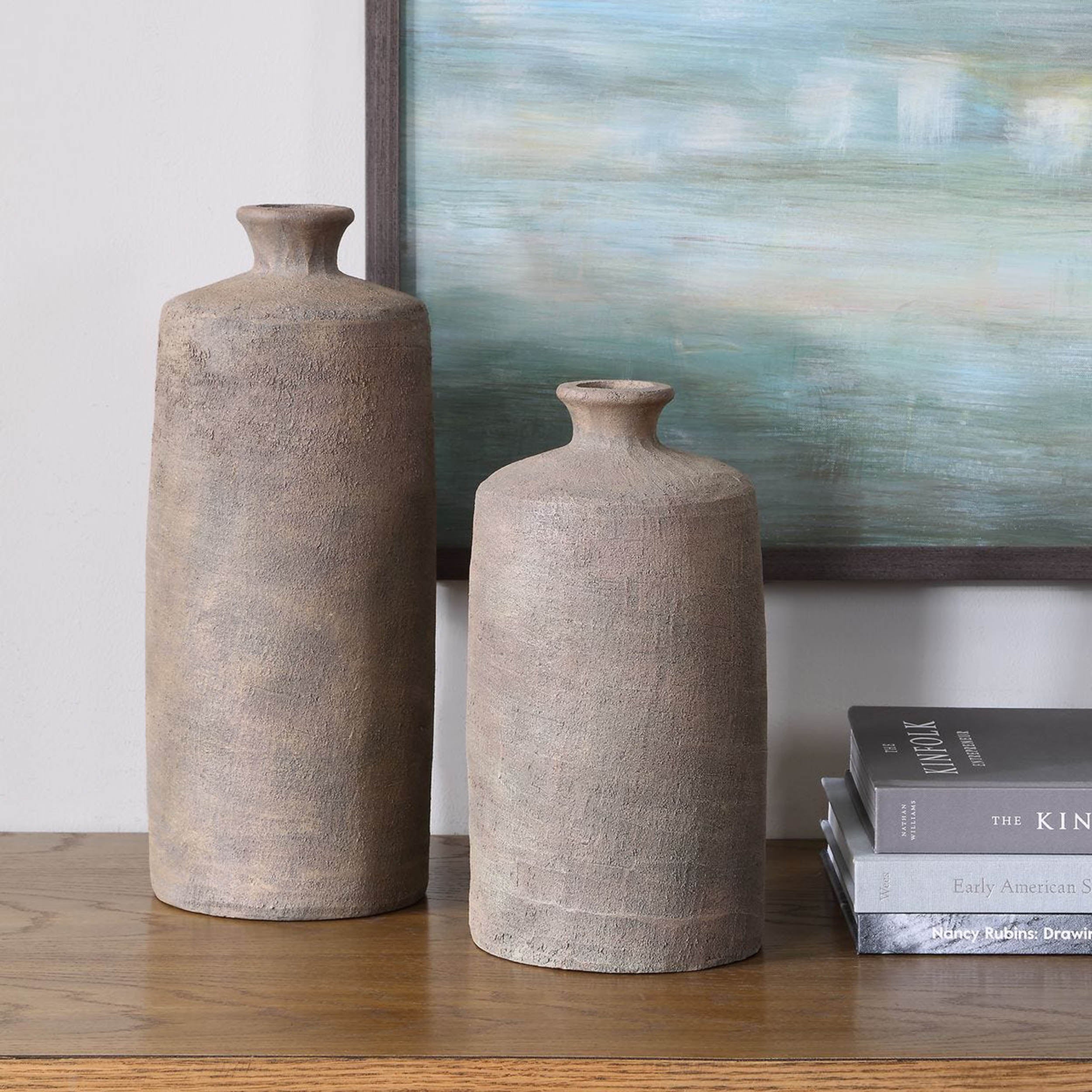 Terrene Vases, Grey, Set of 2 Statement Home Furniture Piece – styled in a room setting