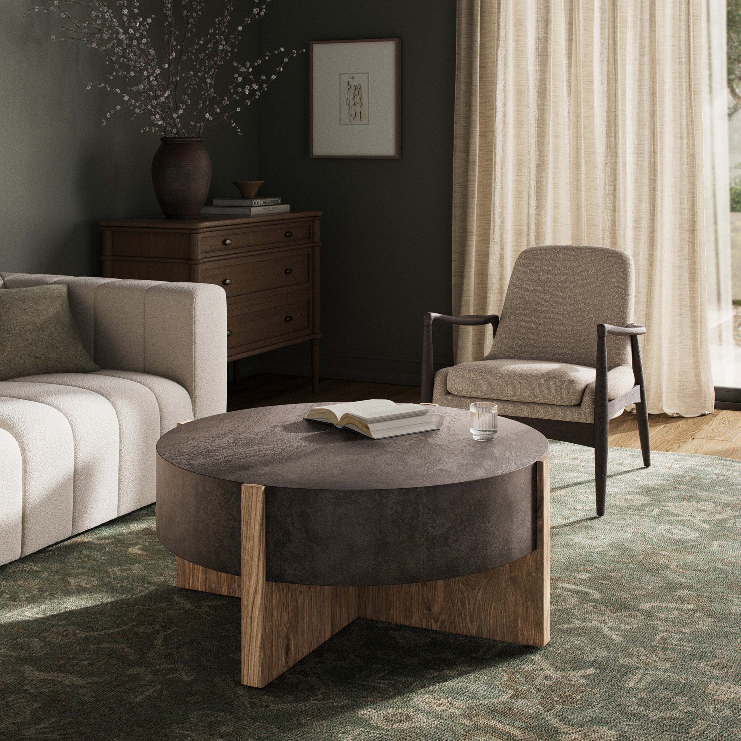 Bingham Coffee Table, Rustic Oak Veneer, Distressed Iron