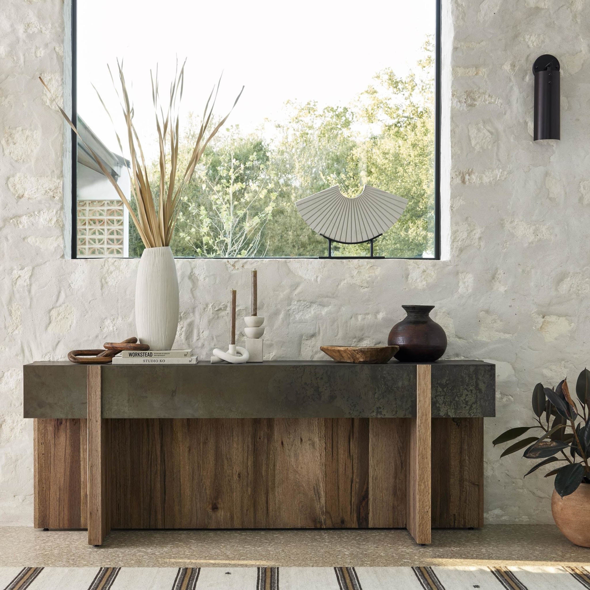 Bingham Console Table, Rustic Oak Veneer, Distressed Iron