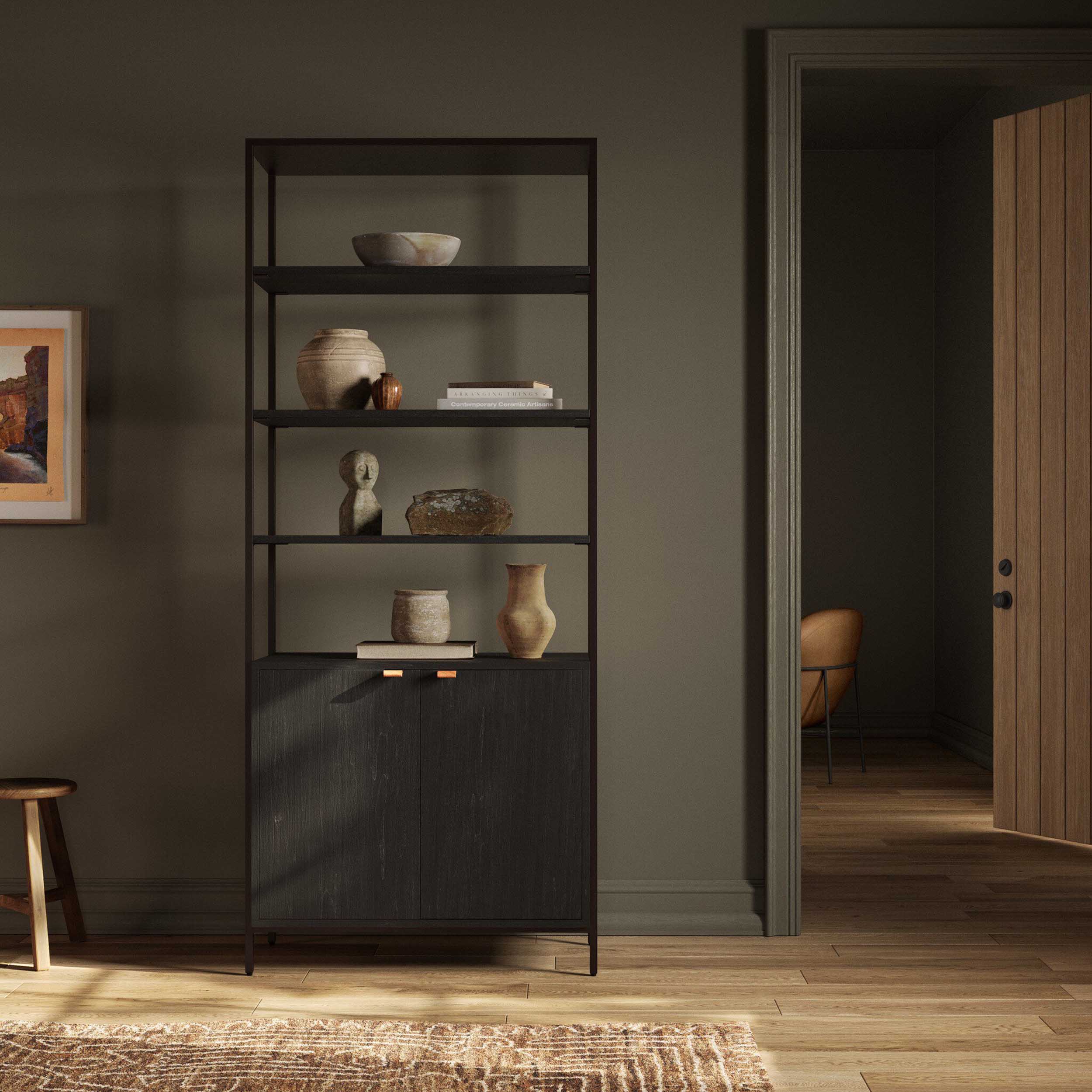 Trey Modular Wide Bookcase, Black Wash Poplar