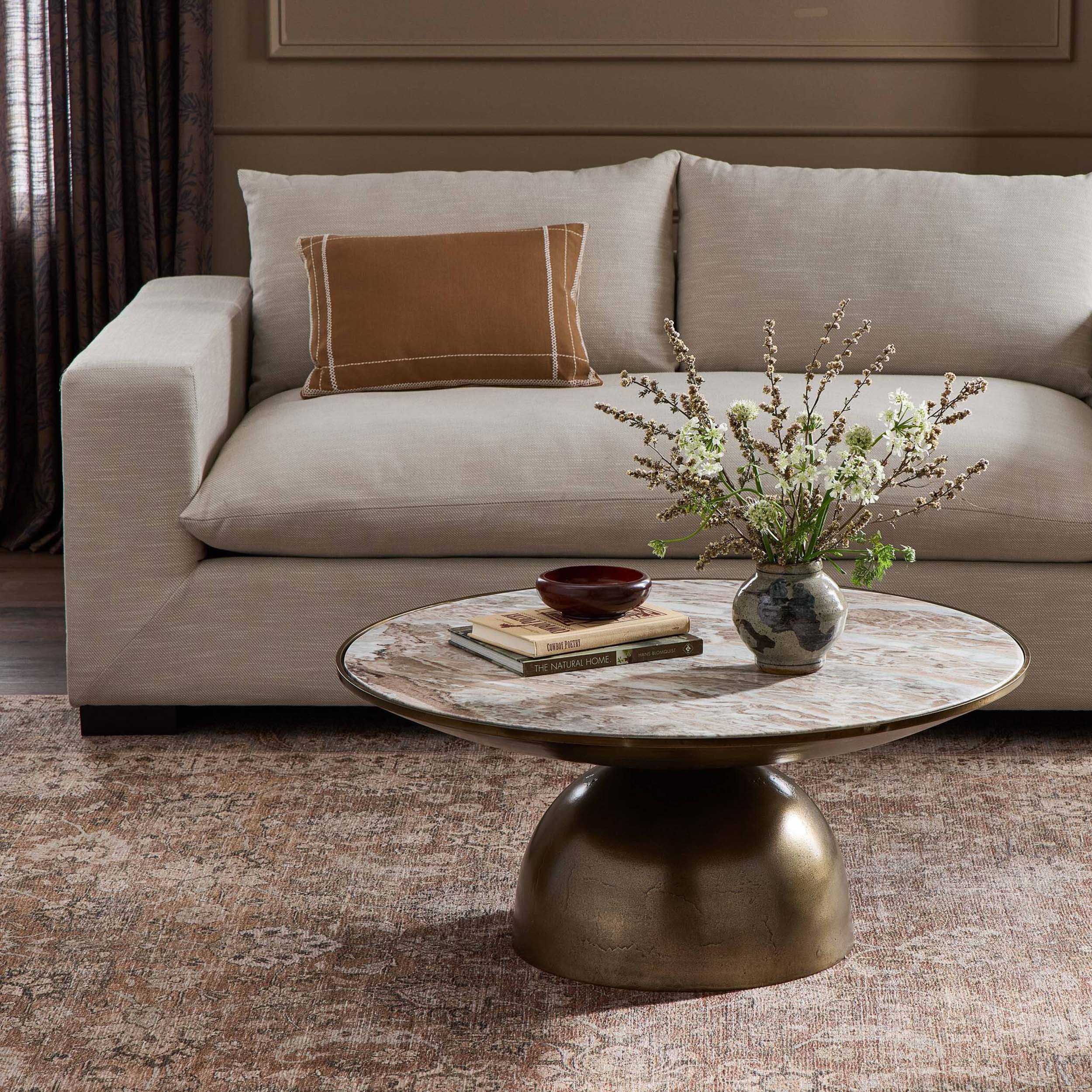 Corbett Coffee Table, Creamy Taupe Marble, Aged Bronze