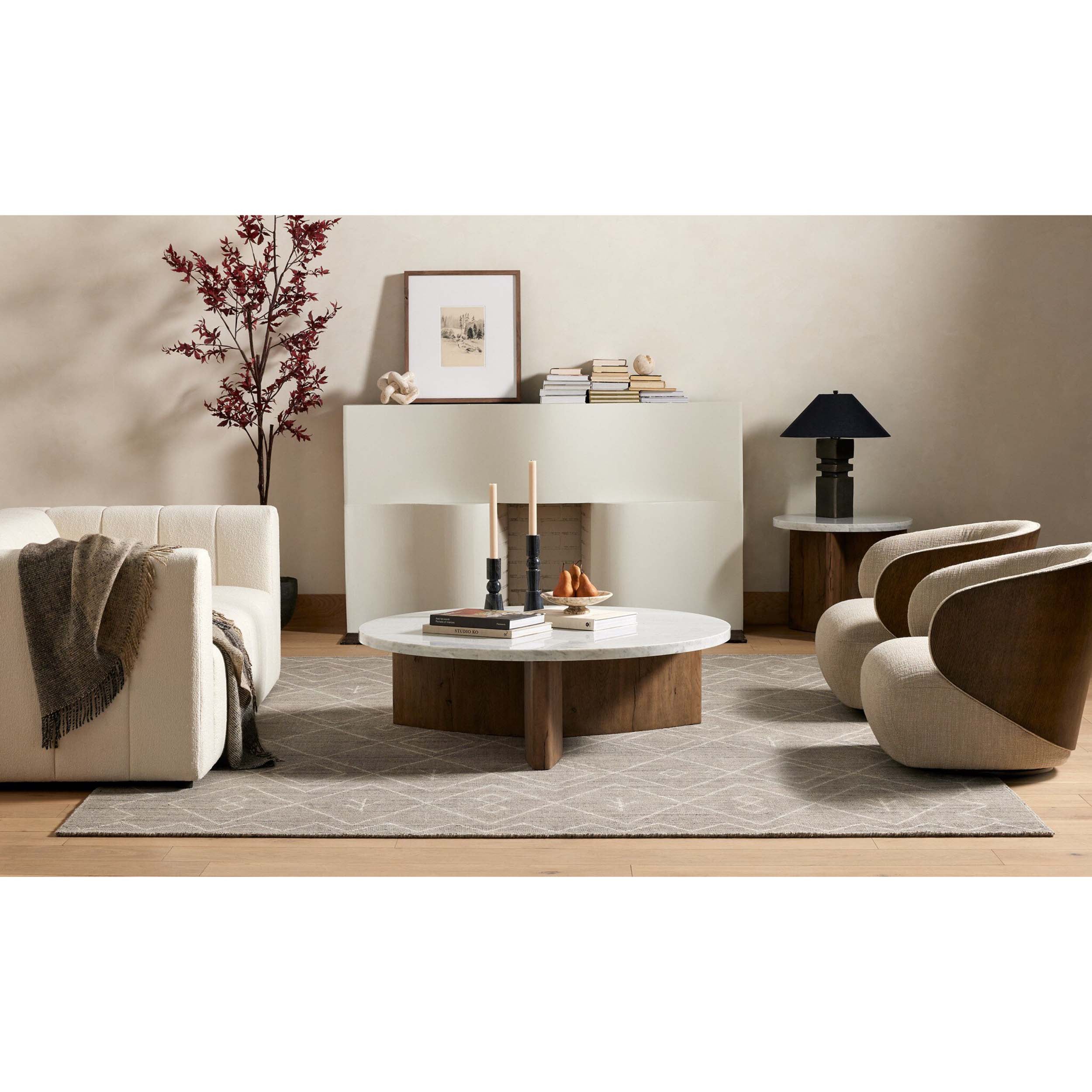 Toli Coffee Table, Italian White Marble, Rustic Grey