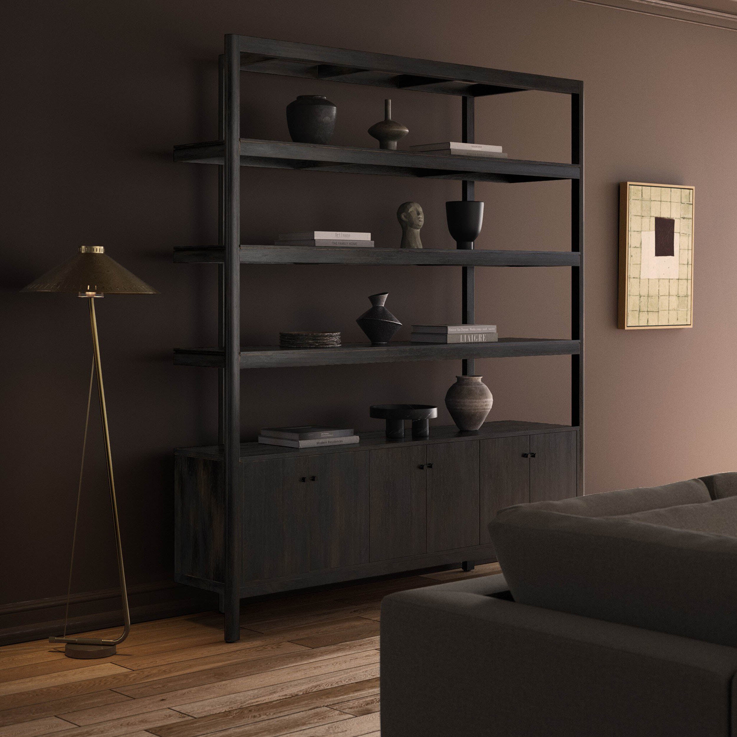 Reza Wide Bookcase, Worn Black Acacia