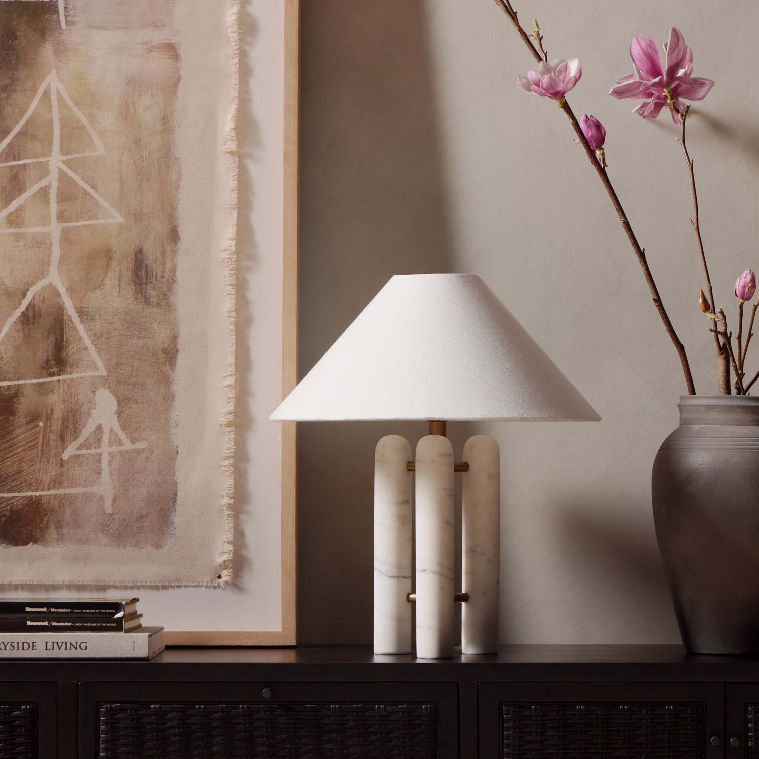 Medici Table Lamp, Charcoal and White Marble, White Silk