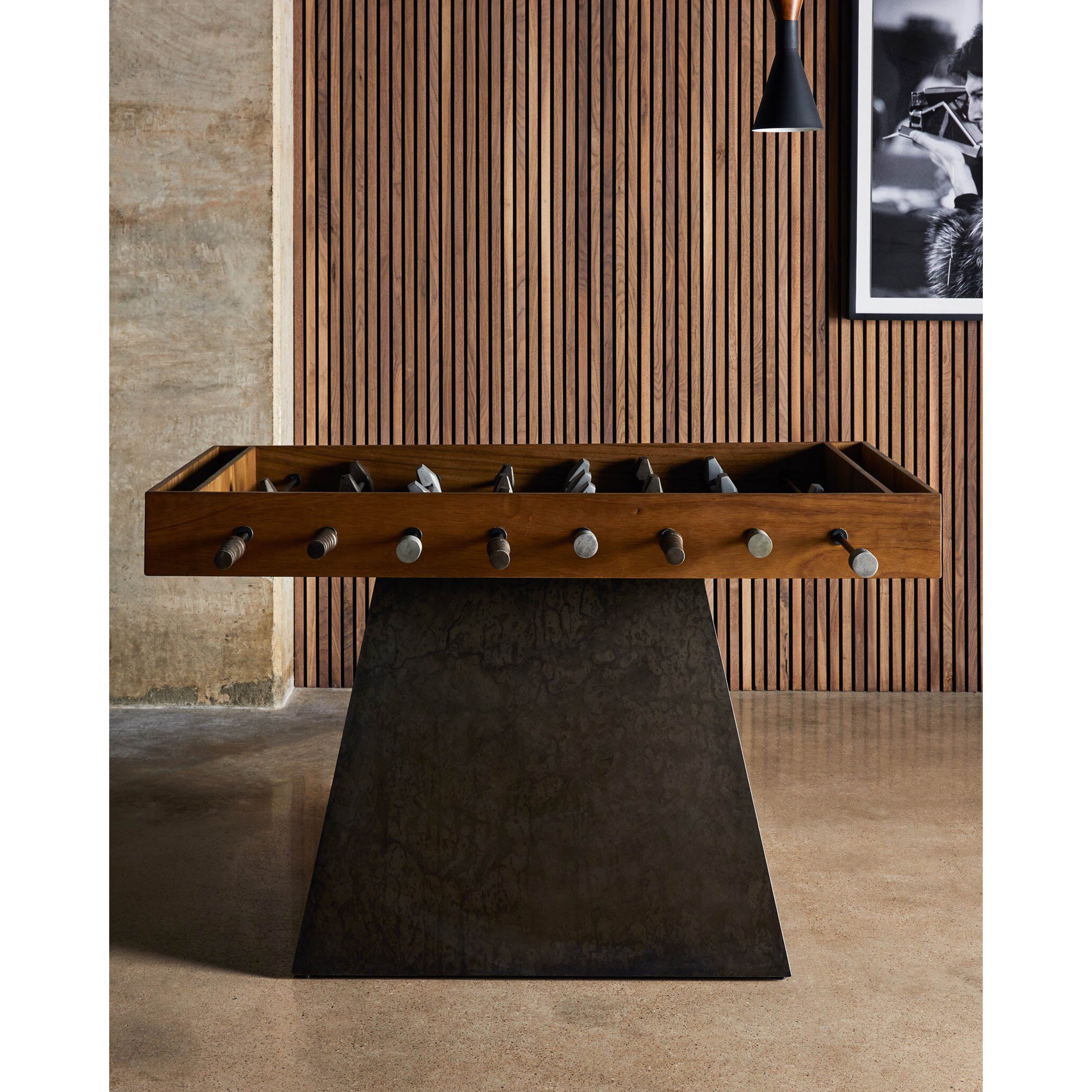 Foosball Table, Aged Grey Steel, Natural Brown Guanacaste