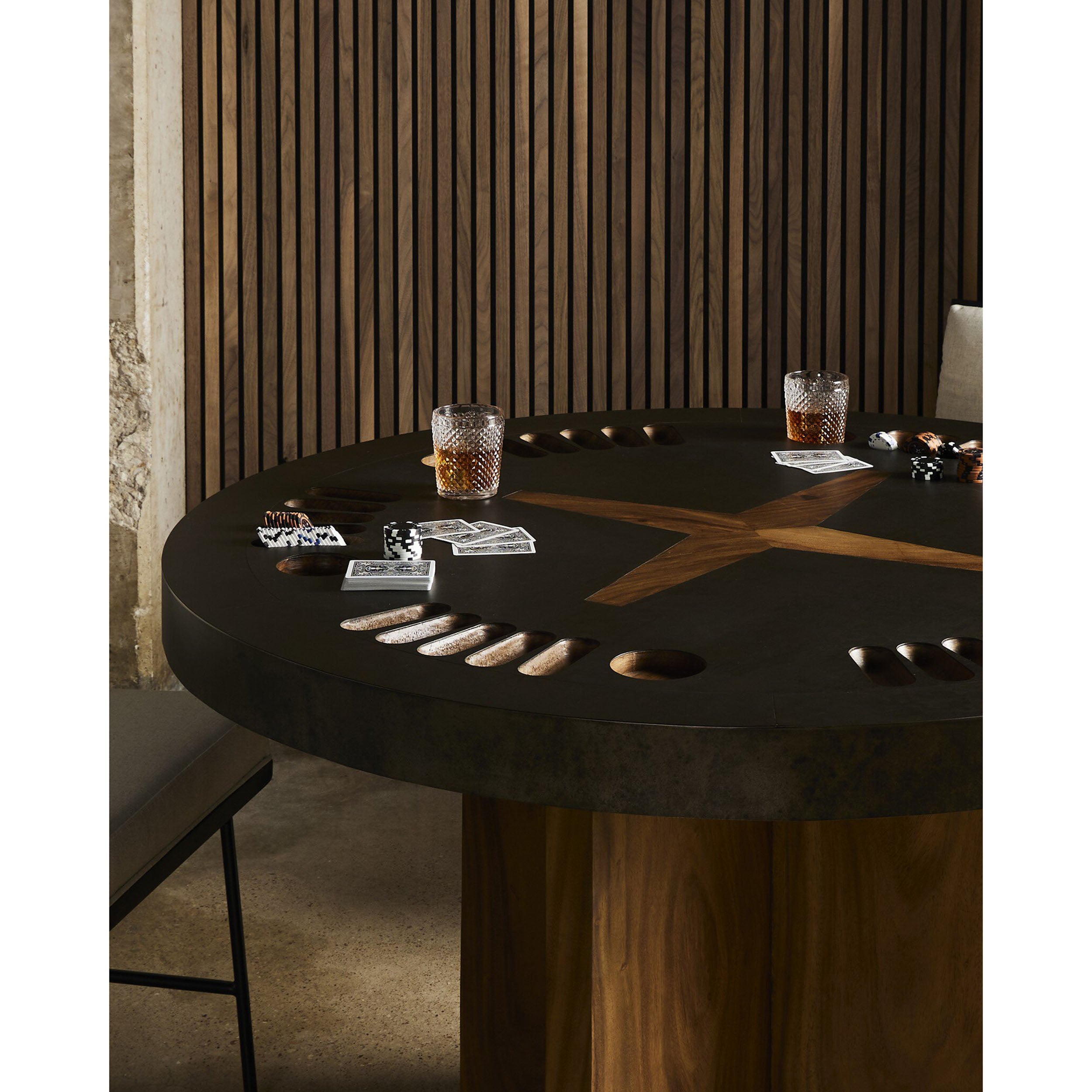 Poker Table, Aged Metal, Natural Brown Guanacaste