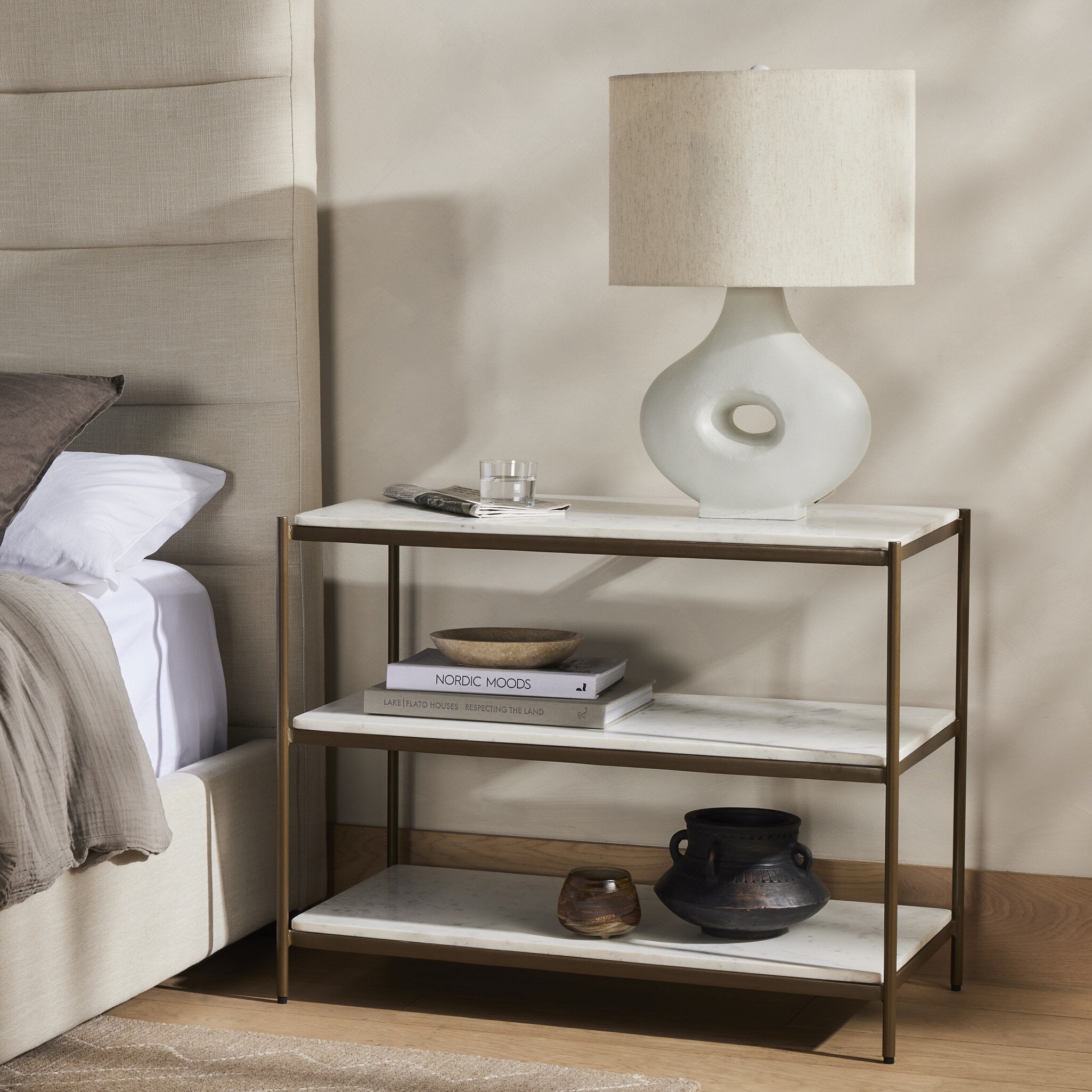 Felix Large Nightstand, Polished White Marble/Antique Brass