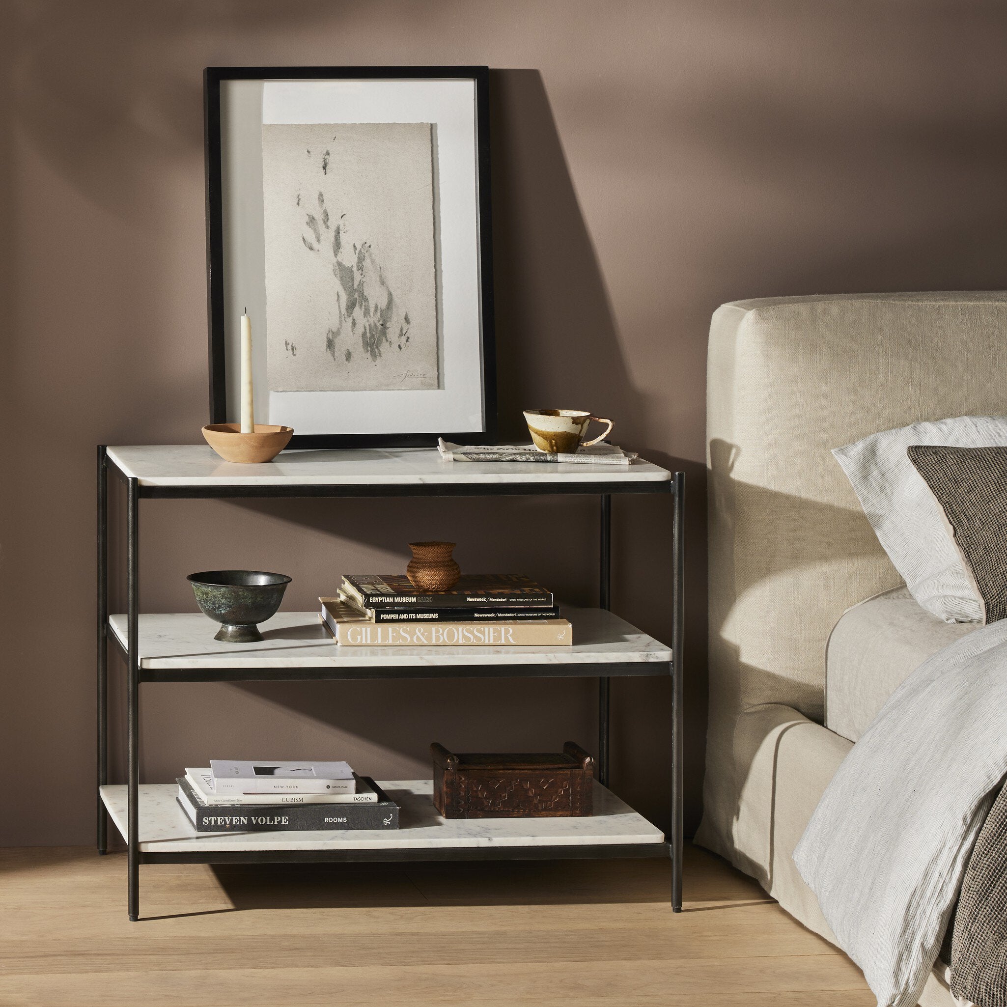 Felix Large Nightstand, Polished White Marble/Hammered Grey