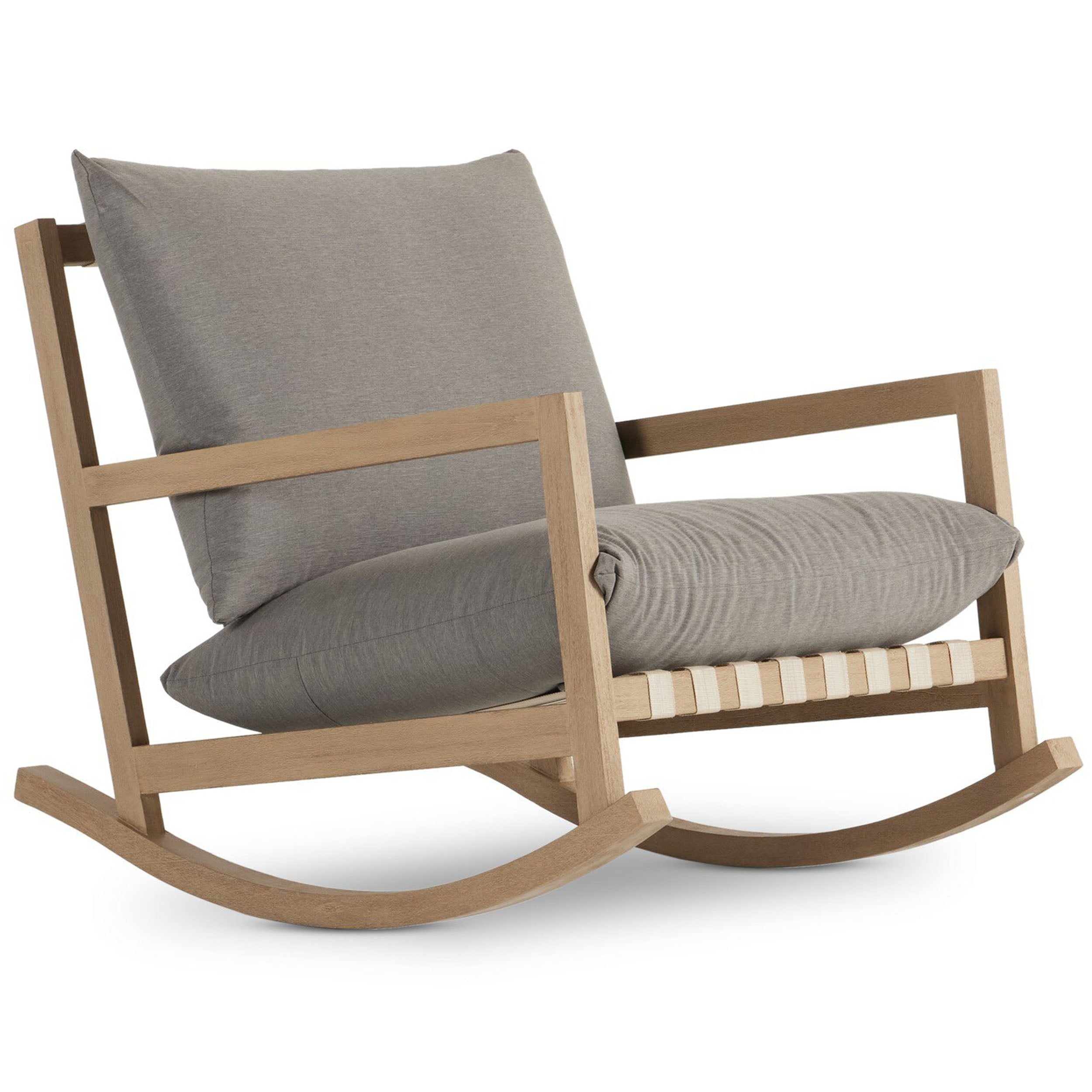 Aiken Outdoor Rocking Chair, Venao Charcoal with woven straps and knife-edge cushions for outdoor lounging.