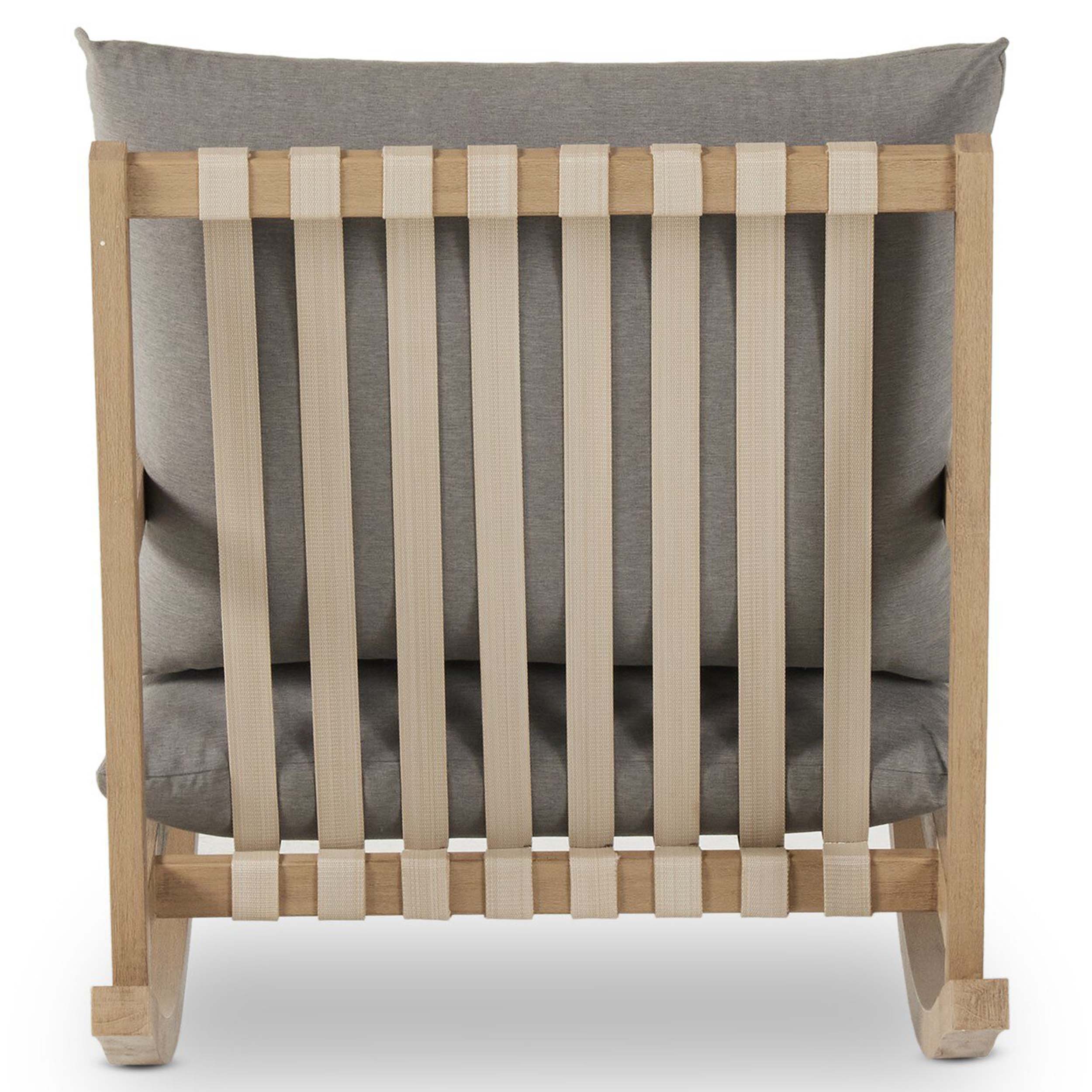 Aiken Outdoor Rocking Chair, Venao Charcoal back view showcasing woven straps and soft cushions.