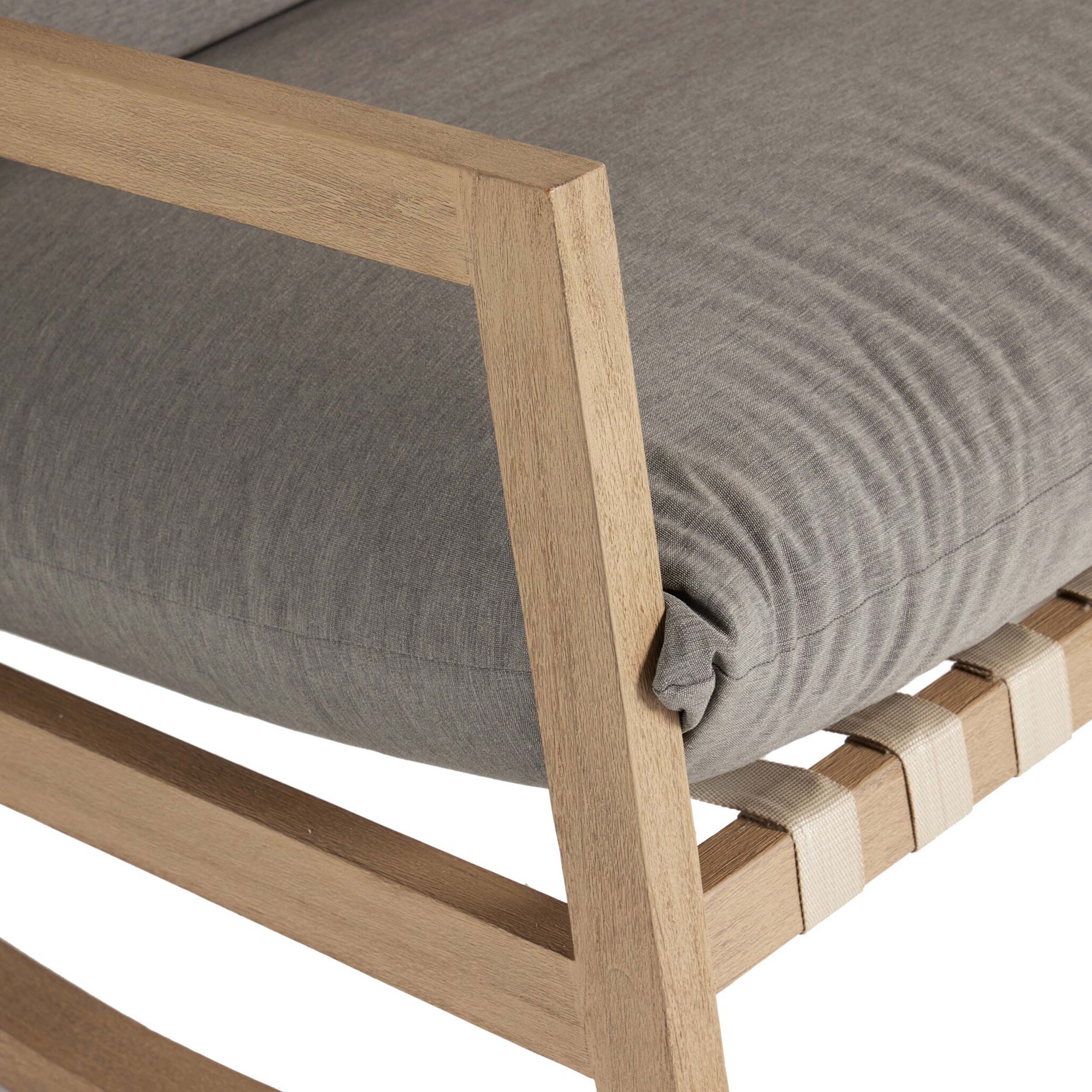 Aiken Outdoor Rocking Chair, Venao Charcoal woven strap detail and knife-edge cushion on a sturdy frame.