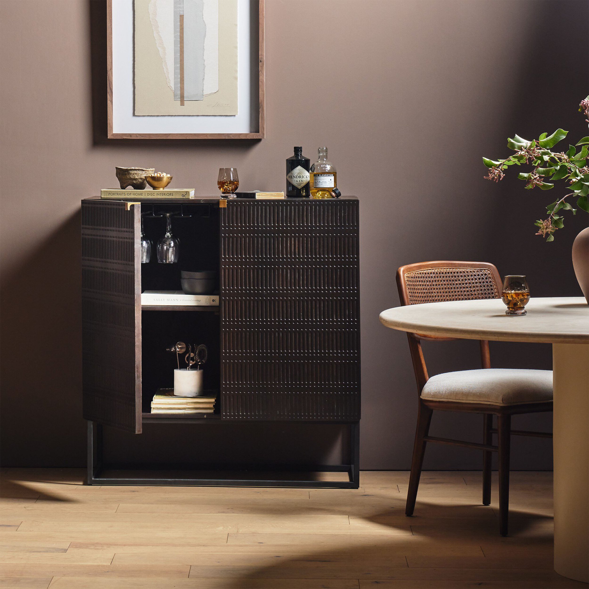 Kelby Bar Cabinet, Carved Vintage Brown