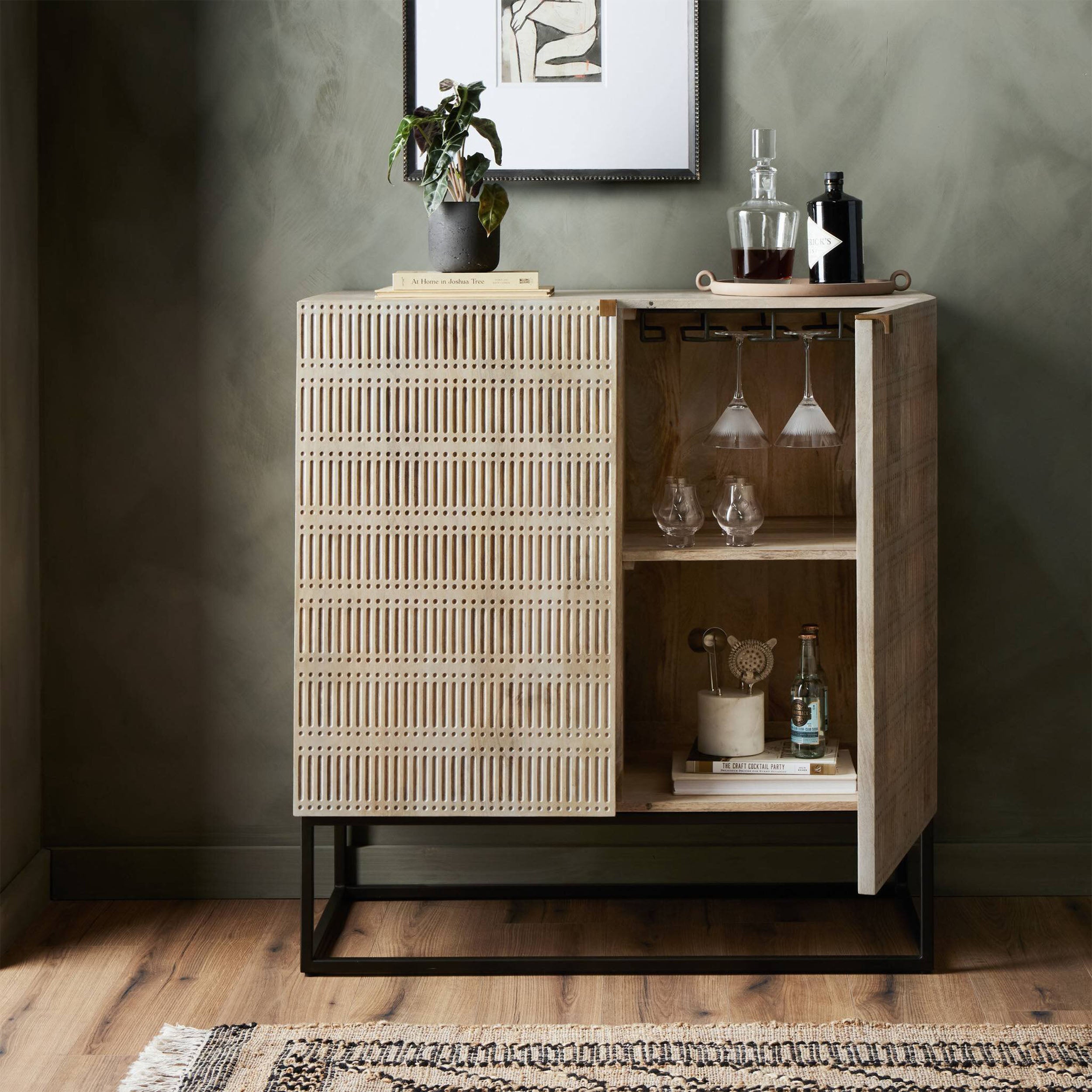 Kelby Bar Cabinet, Light Wash Carved Mango