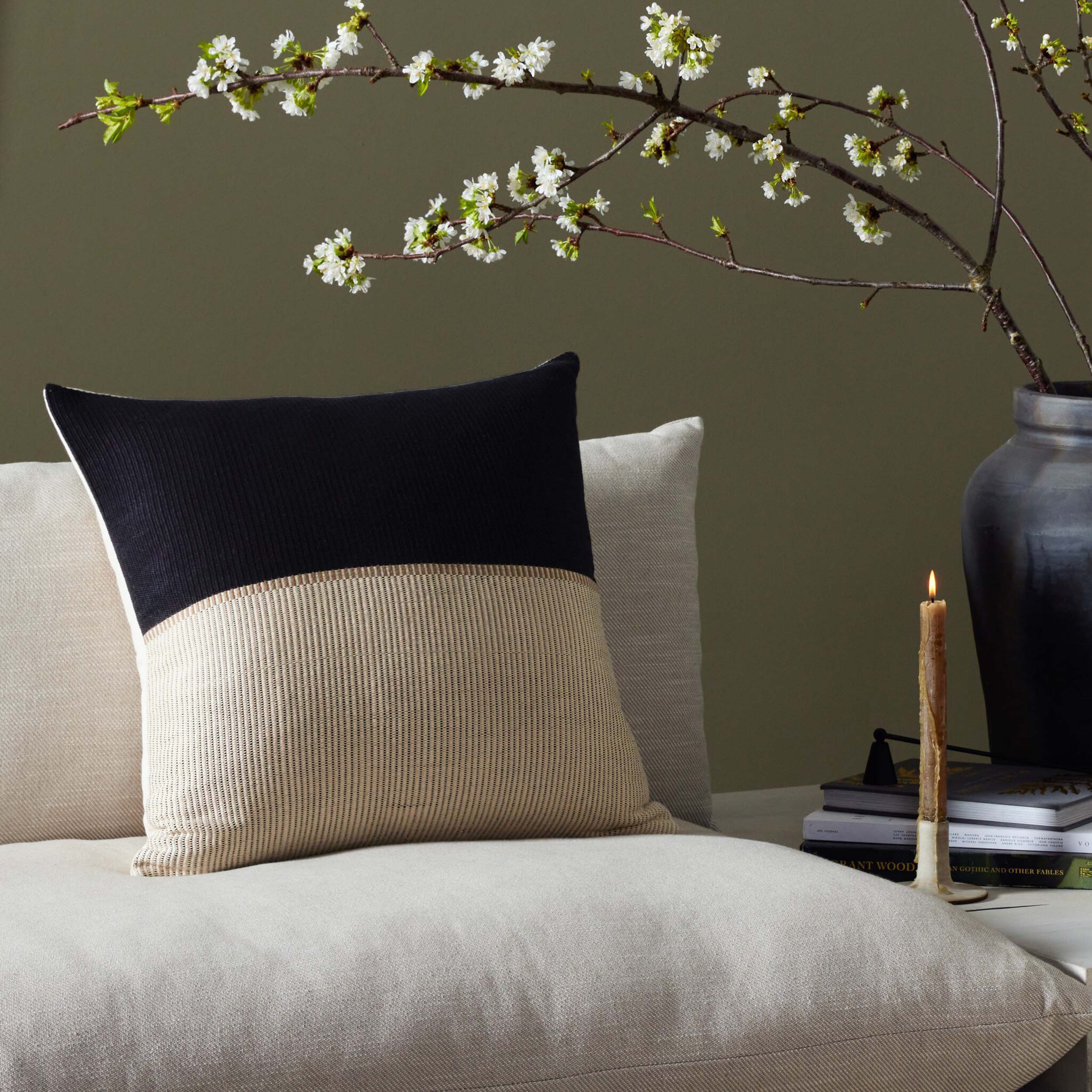 Handwoven Merido Pillow - Black, Beige Cotton, Cover Only