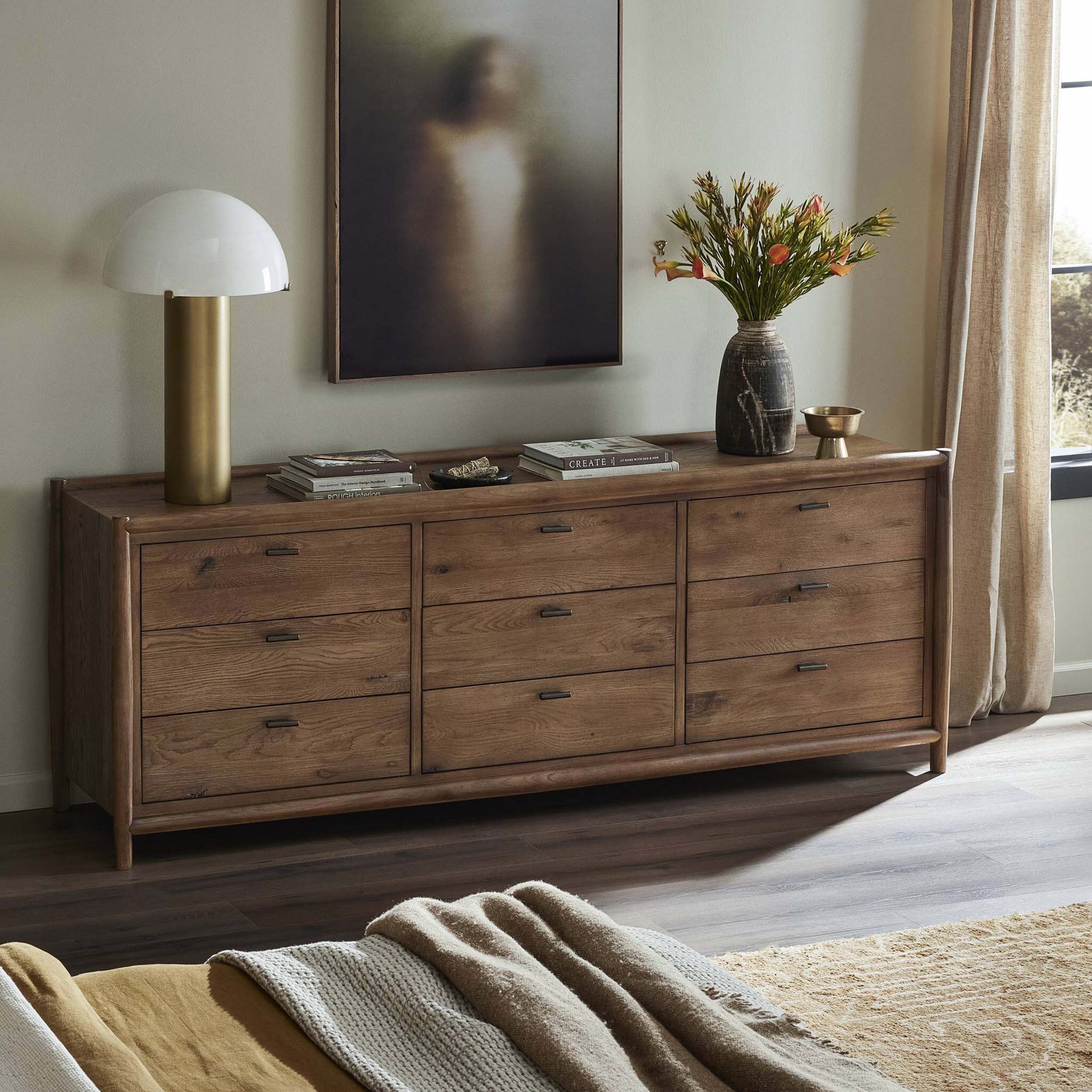 Glenview 9 Drawer Dresser, Weathered Oak Veneer
