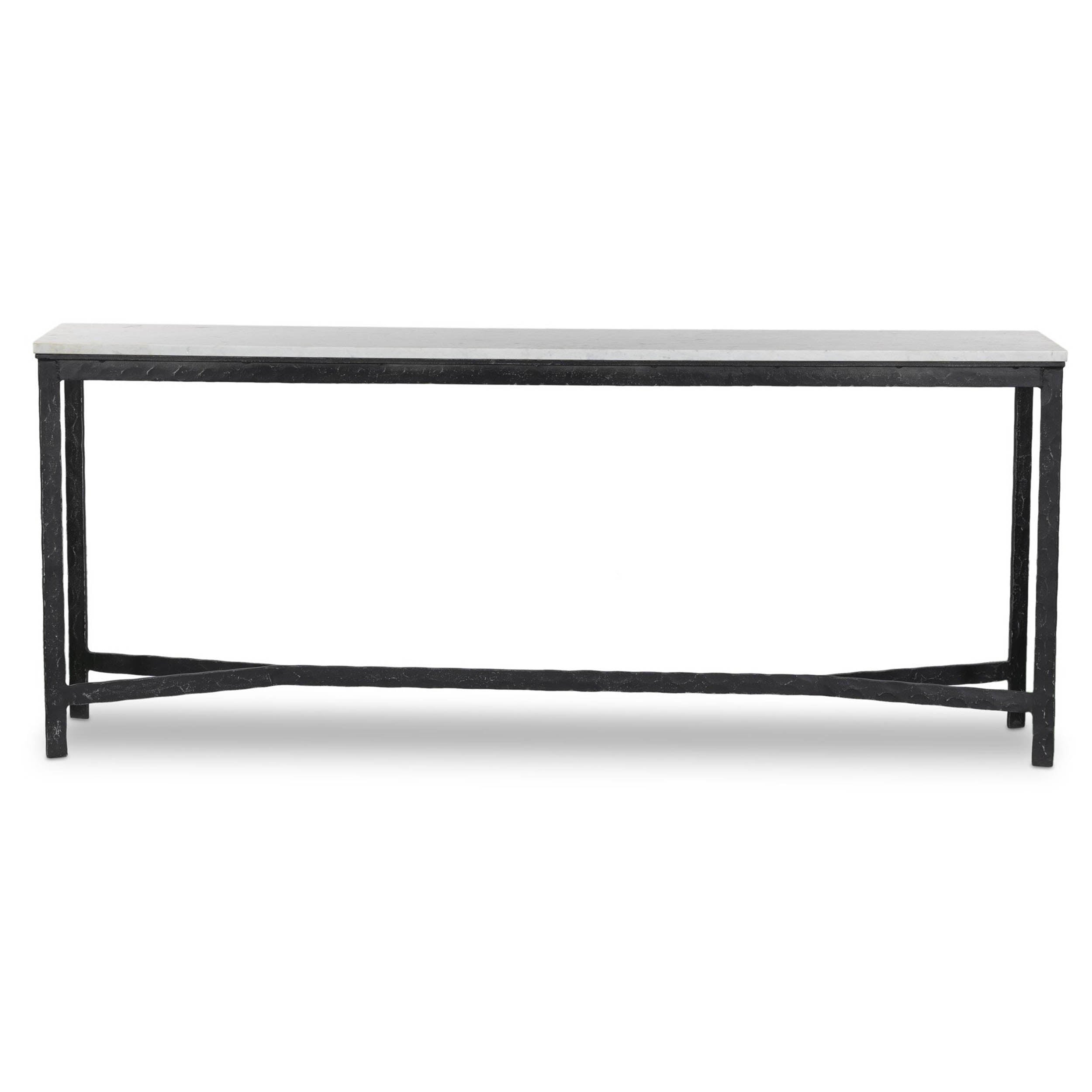 Hammered Iron Console Table, White Marble, Hammered Black Iron