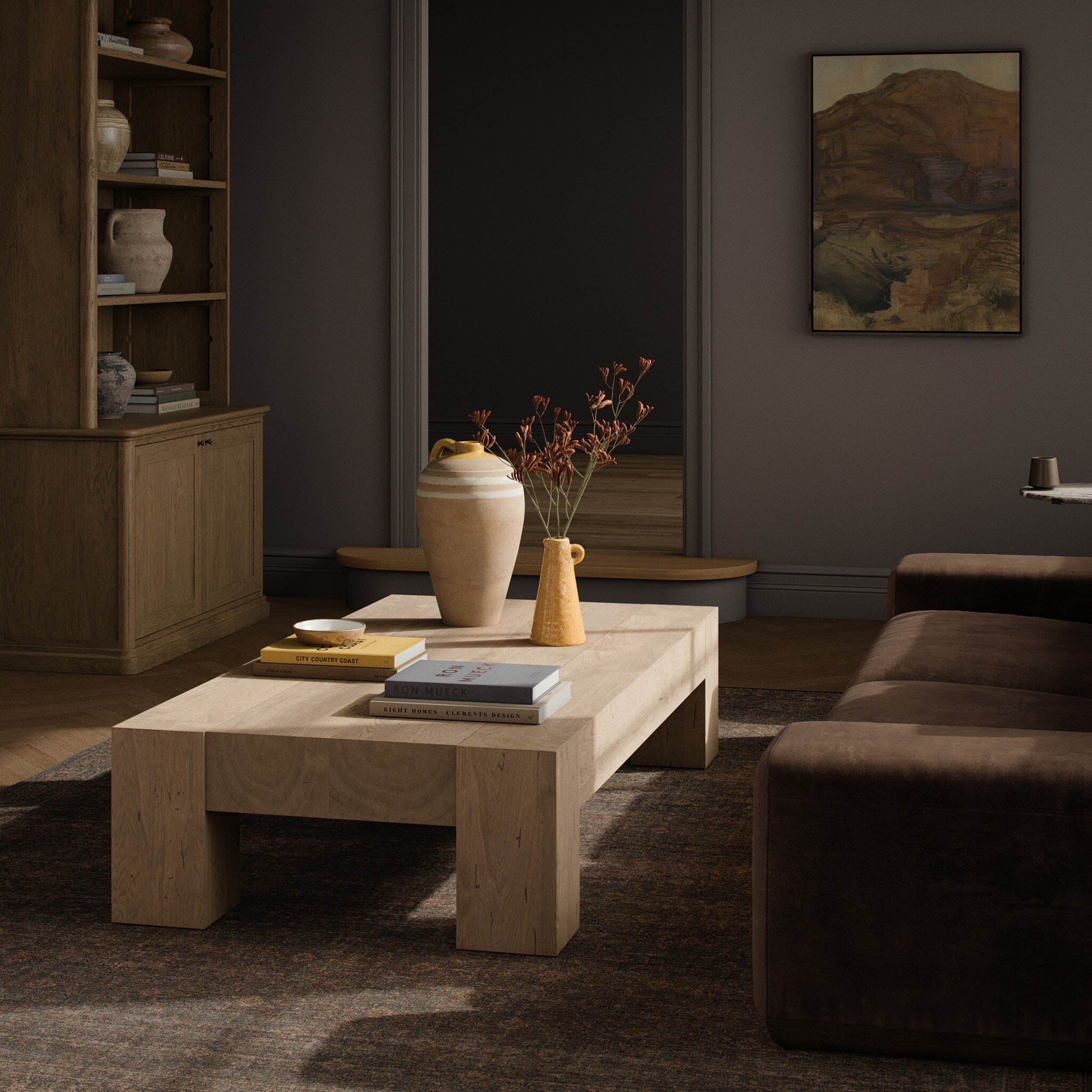 Abaso Rectangular Coffee Table, Whitewash Rustic Wormwood Oak