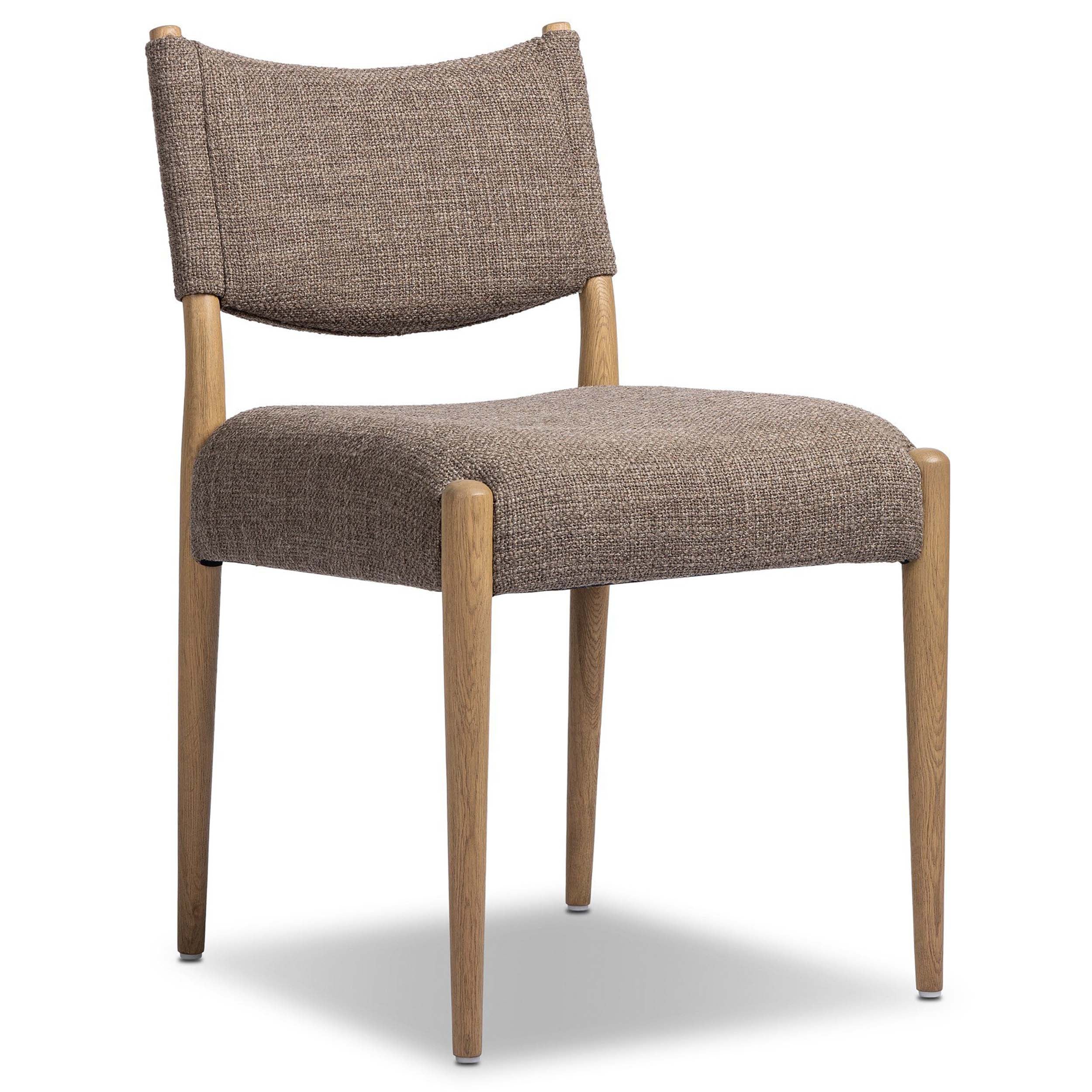 Jayla Armless Dining Chair, Saxon Mink, Set of 2 showcasing midcentury design with natural oak legs and textured upholstery.