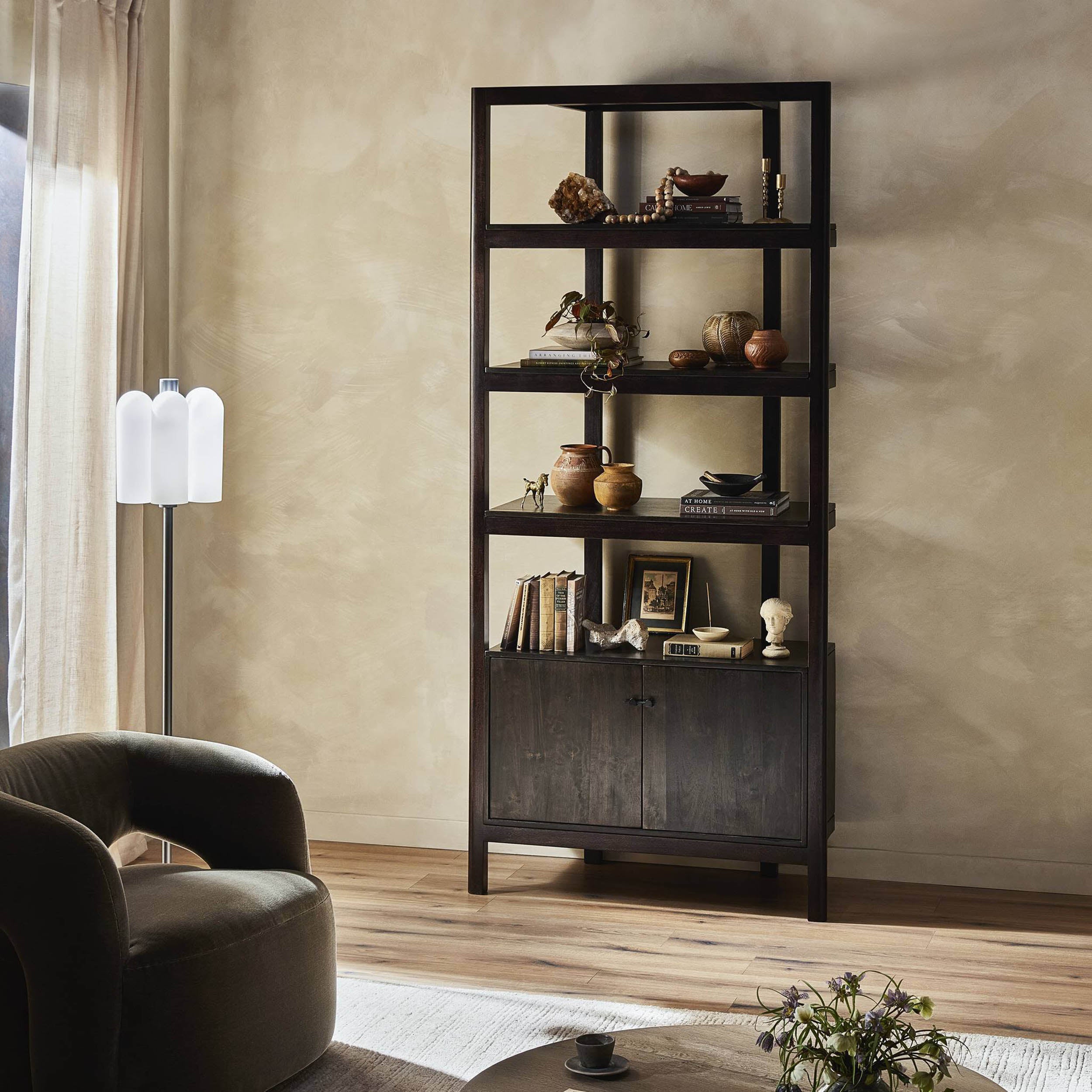 Reza Bookcase, Worn Black Acacia