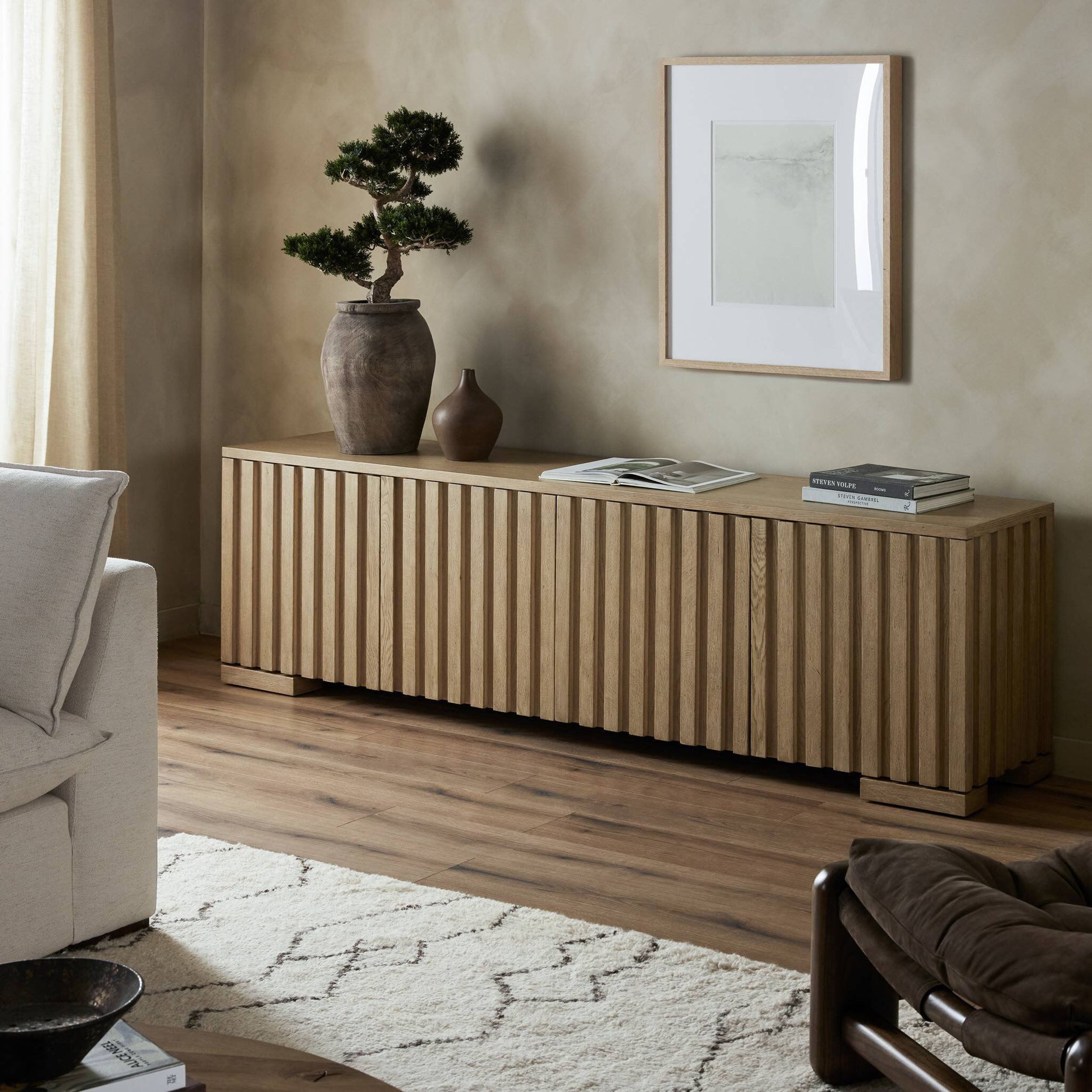 Ramos Media Console, Bleached Oak Veneer