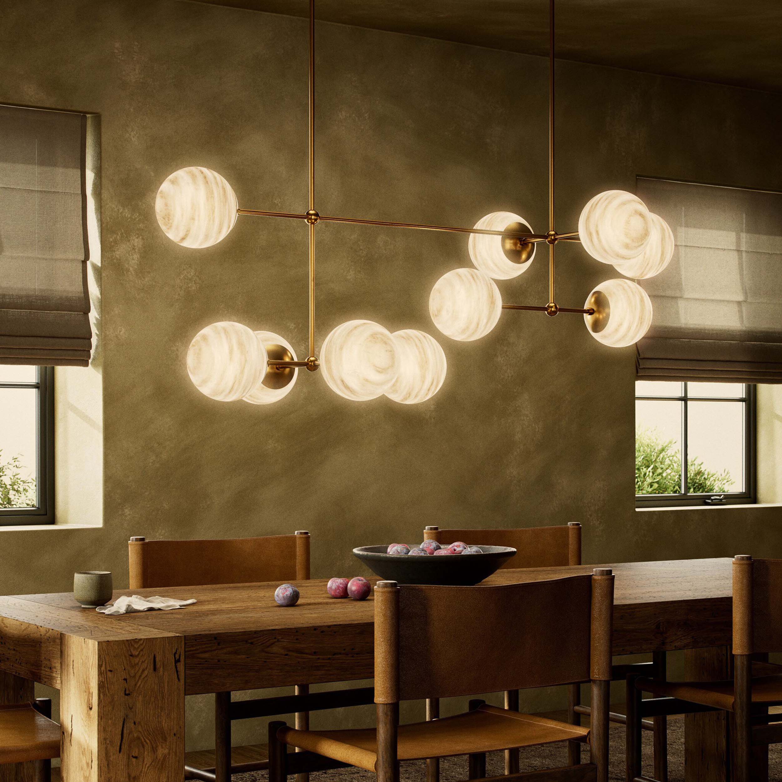 Armstrong Linear Chandelier, Burnished Brass, Marbled Matte Glass