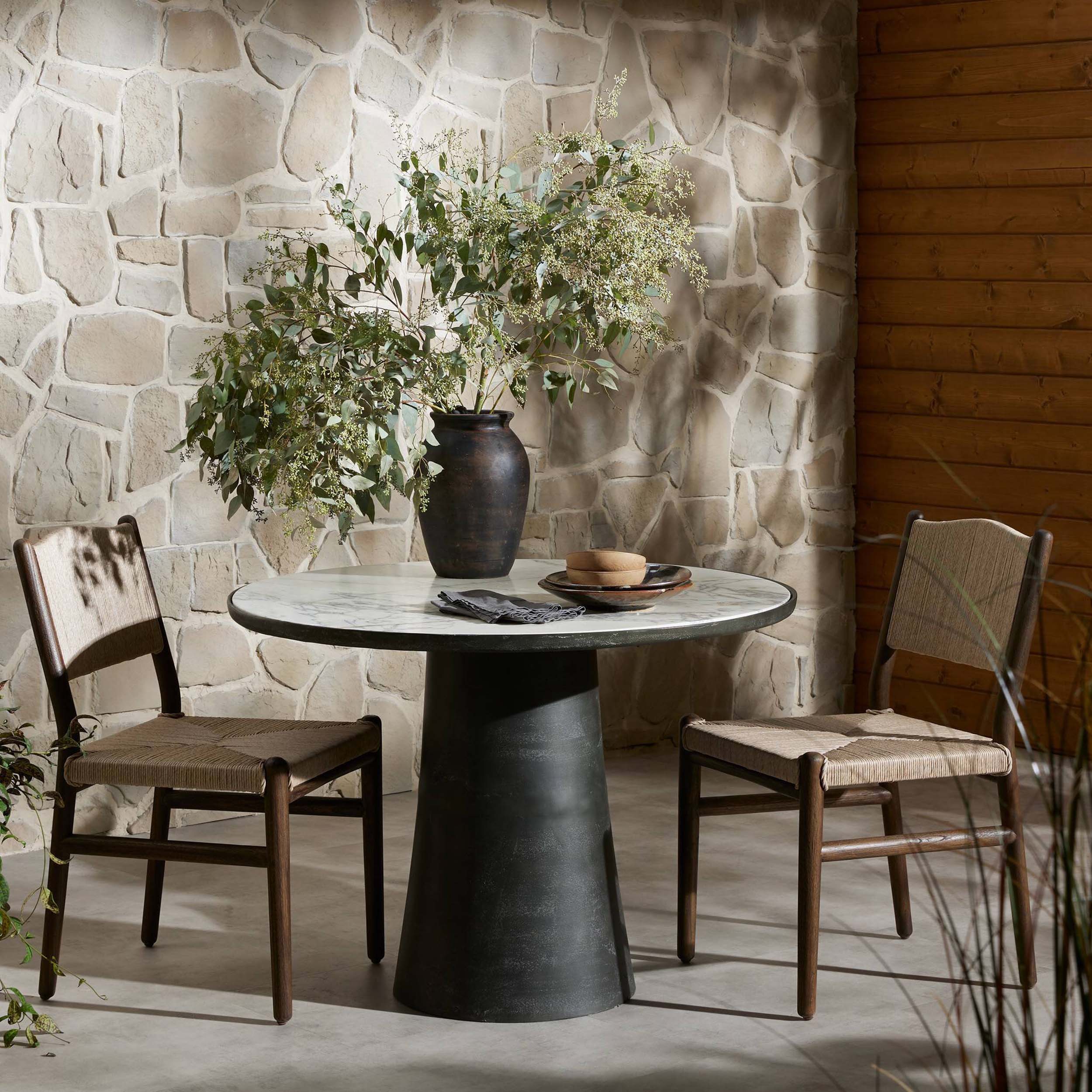 Balboa Outdoor Dining Table, Veined White Marble
