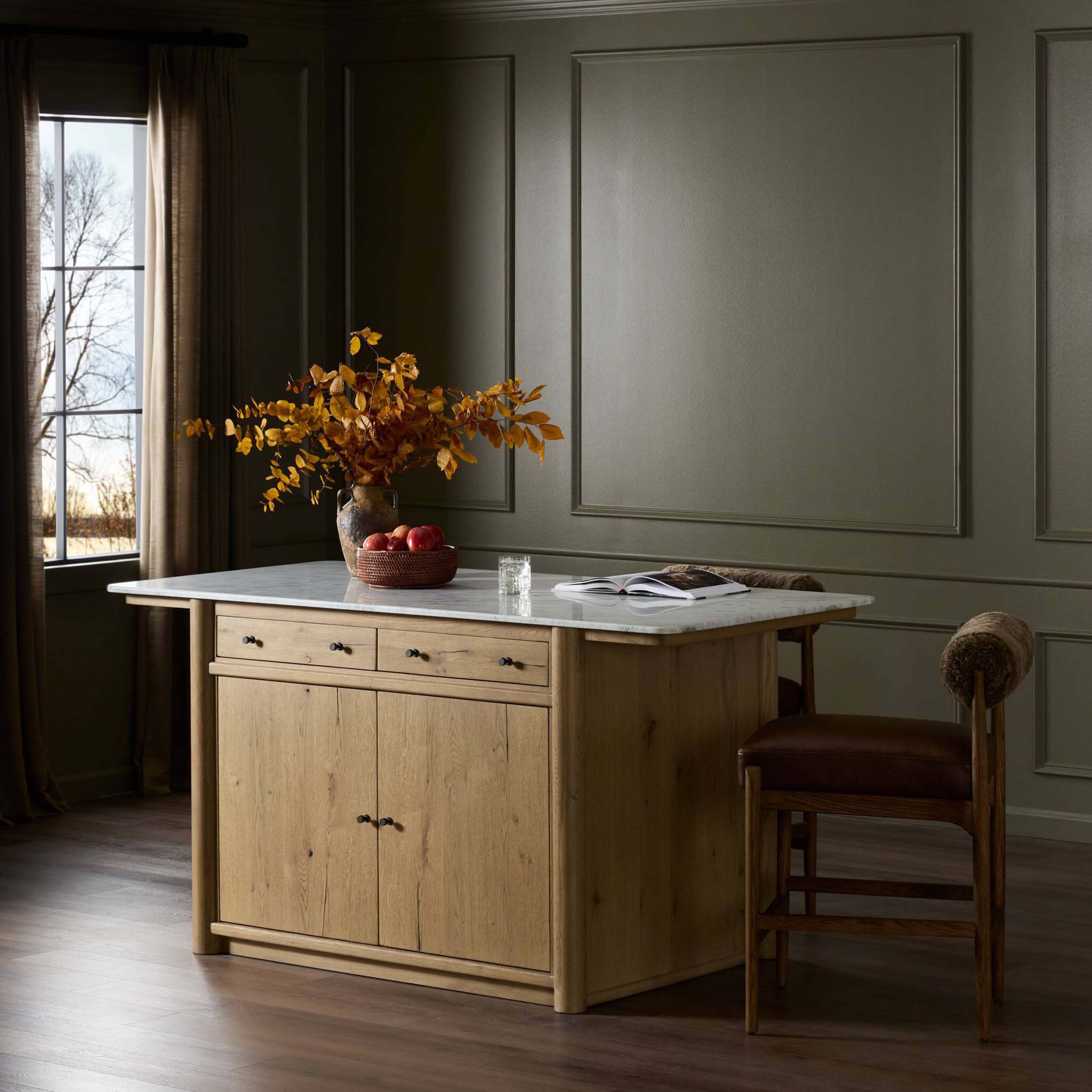 Fatima Kitchen Island, White Carrara Marble