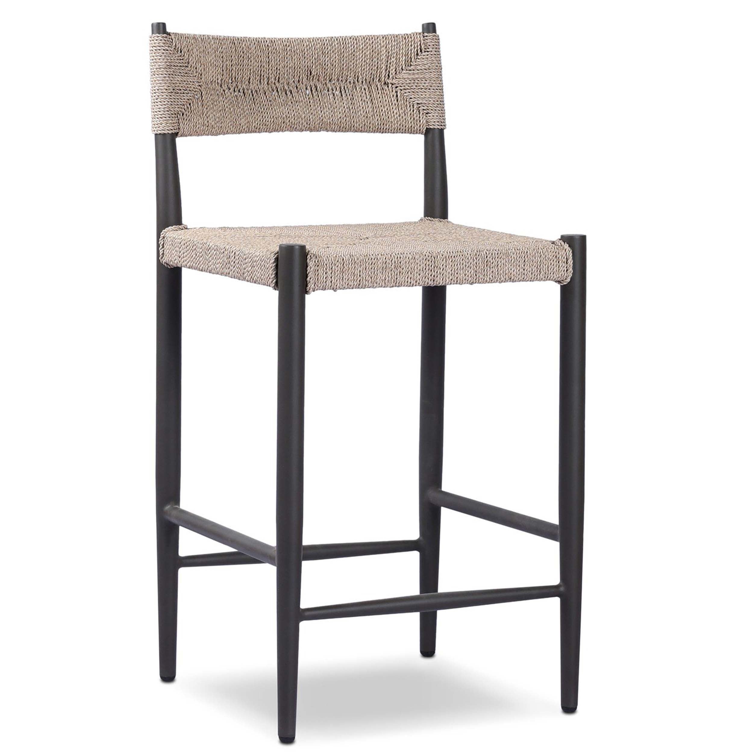Lomas Outdoor Metal Bar + Counter Stool, Textured Dune with woven all-weather wicker seat and dark bronze frame.