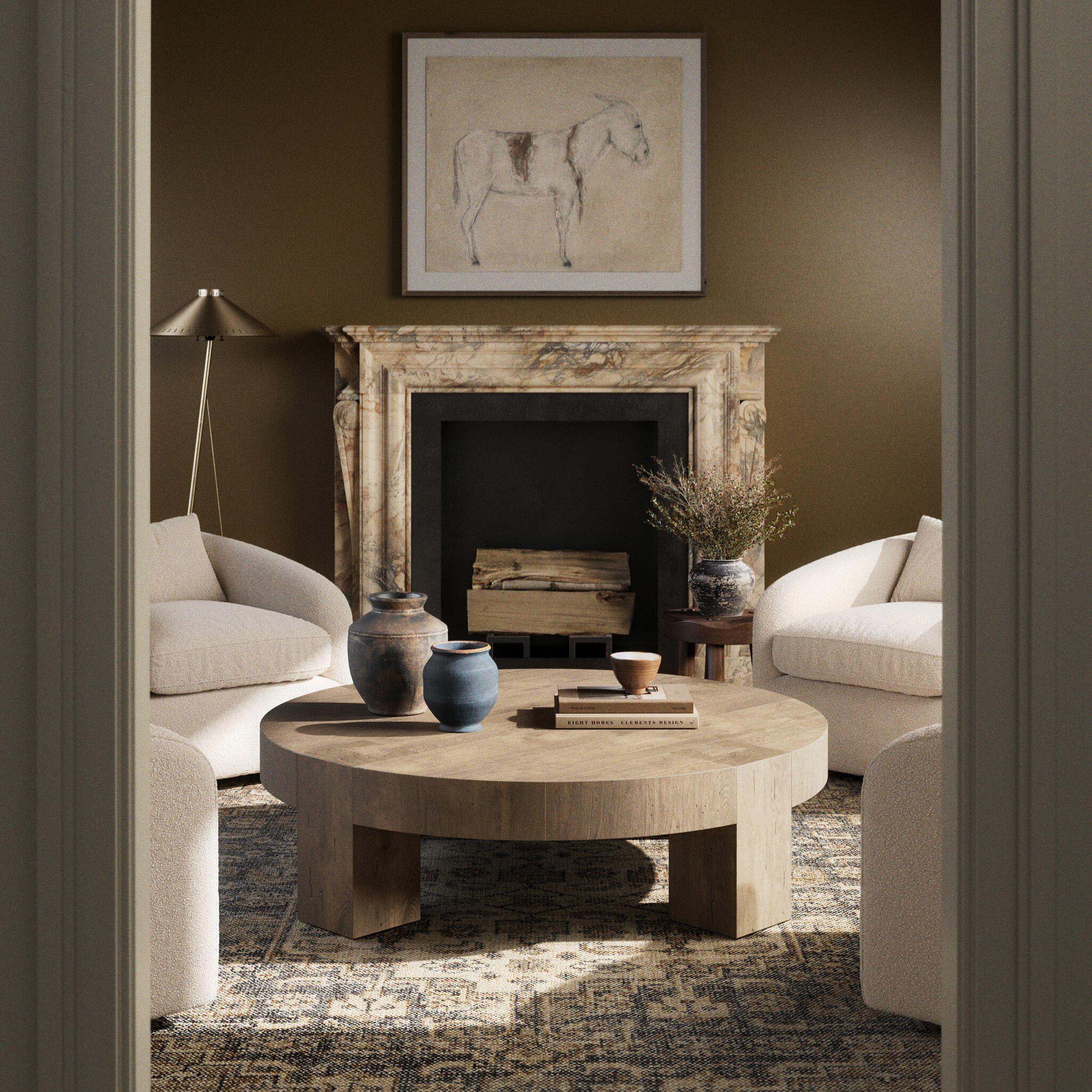 Abaso Round Coffee Table, Whitewash Rustic Wormwood Oak