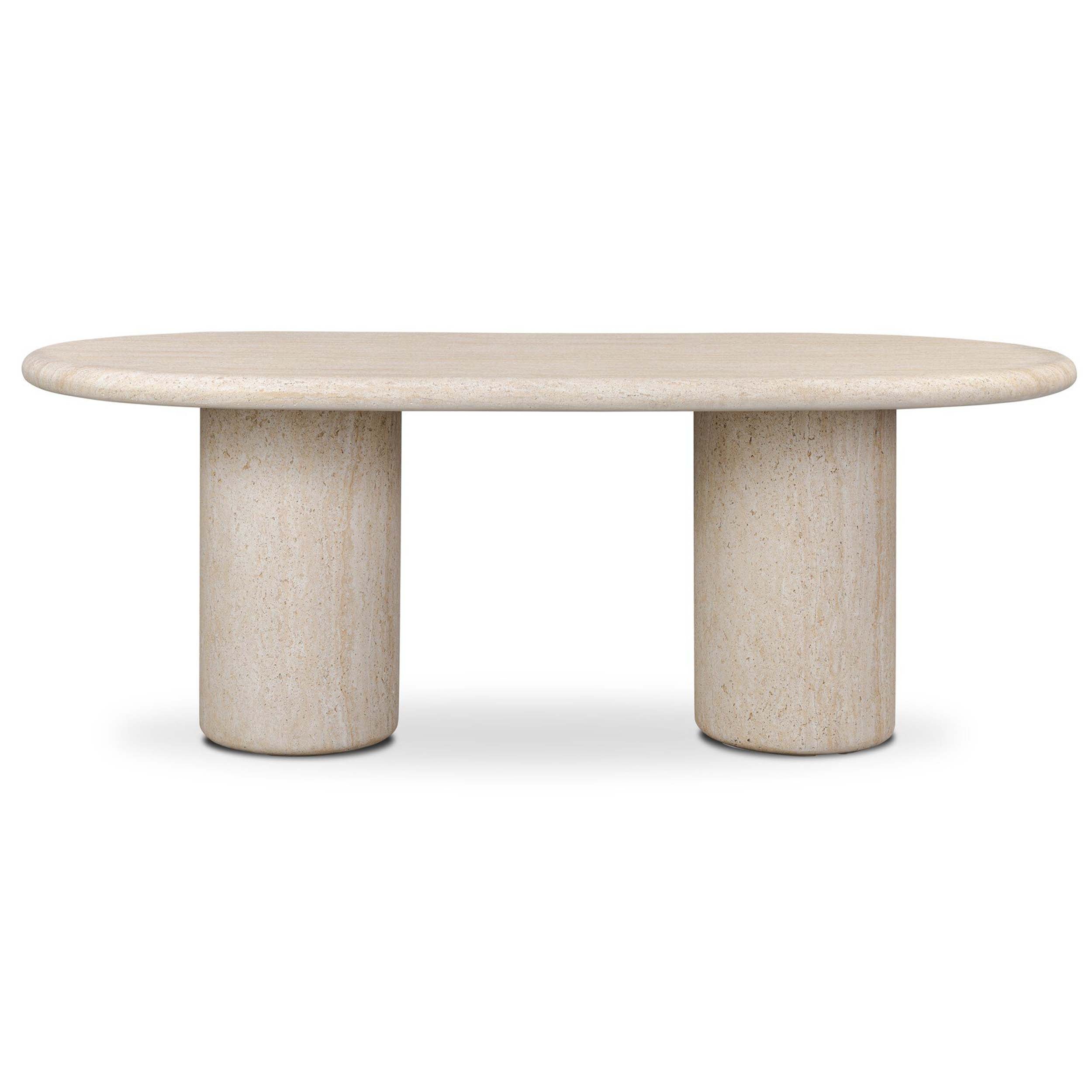 Poole Outdoor Dining Table 78", Textured Sand Concrete in an oval shape with double pedestal design.