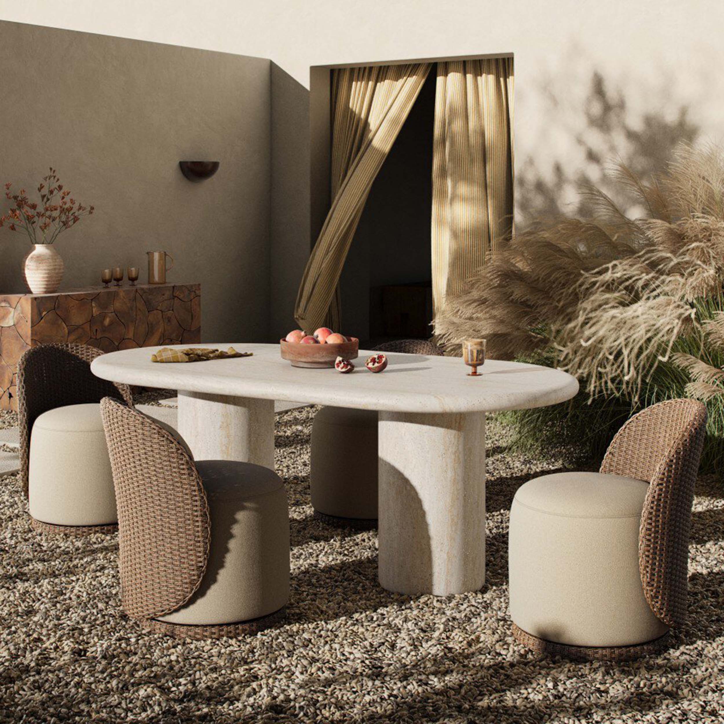 Poole Outdoor Dining Table 78", Textured Sand Concrete in an outdoor setting with stylish seating and decor.