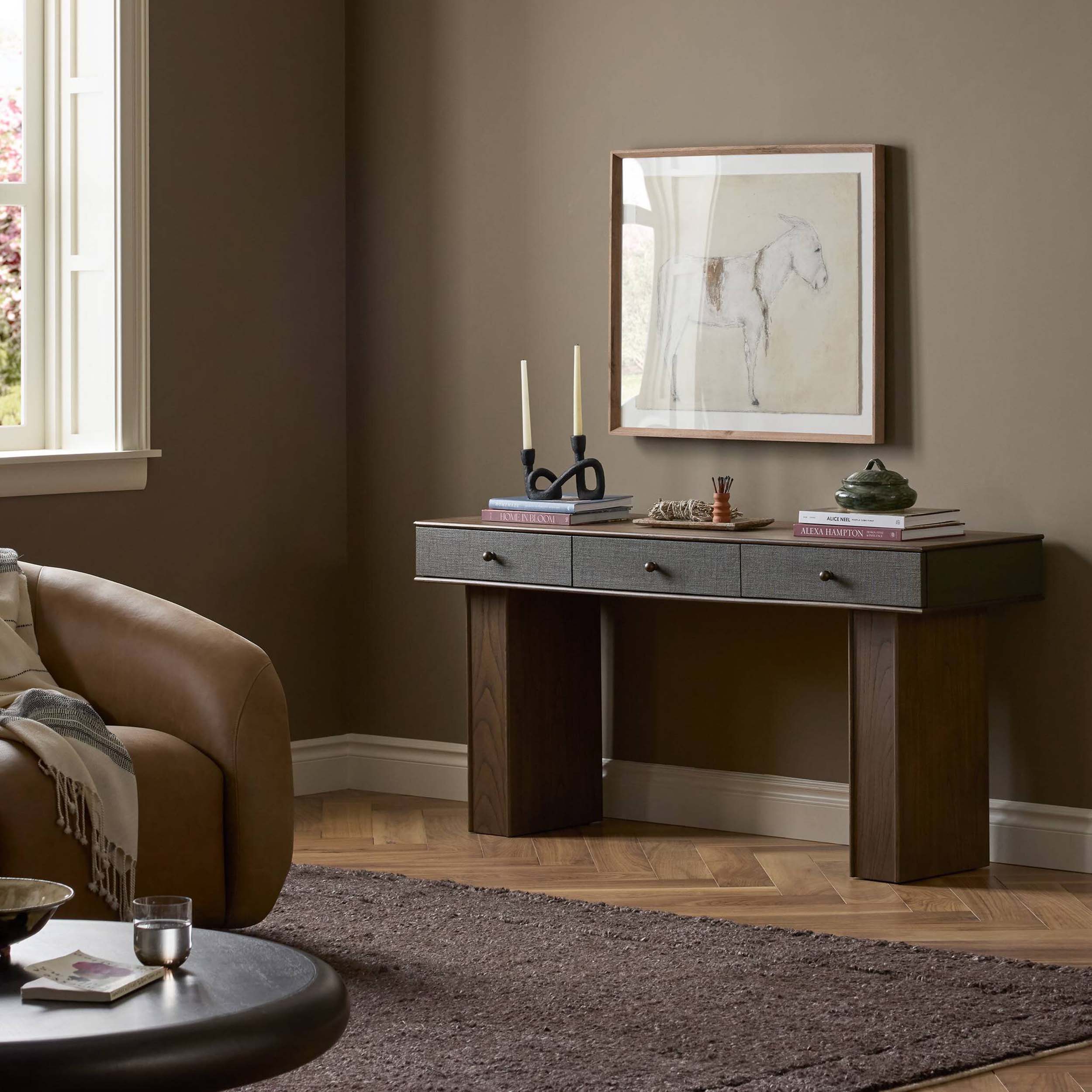 Soloman Console Table, Stained Saddle Brown Sungkai Veneer