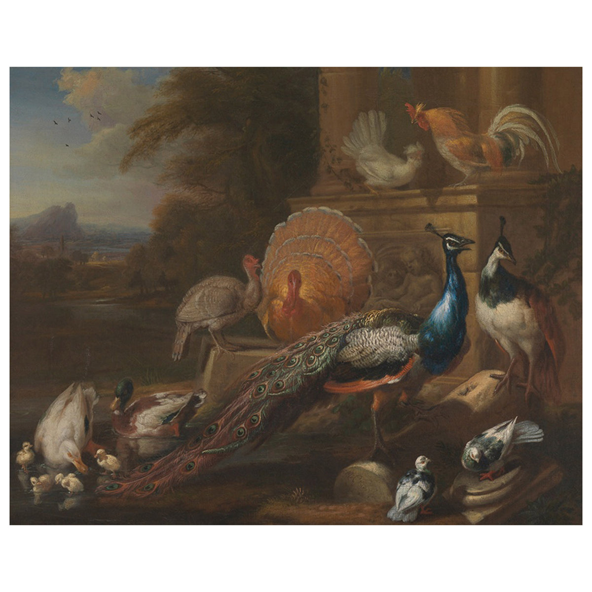 Peacocks, Doves, Turkeys, Chickens and Ducks by a Classical Ruin, c.1700