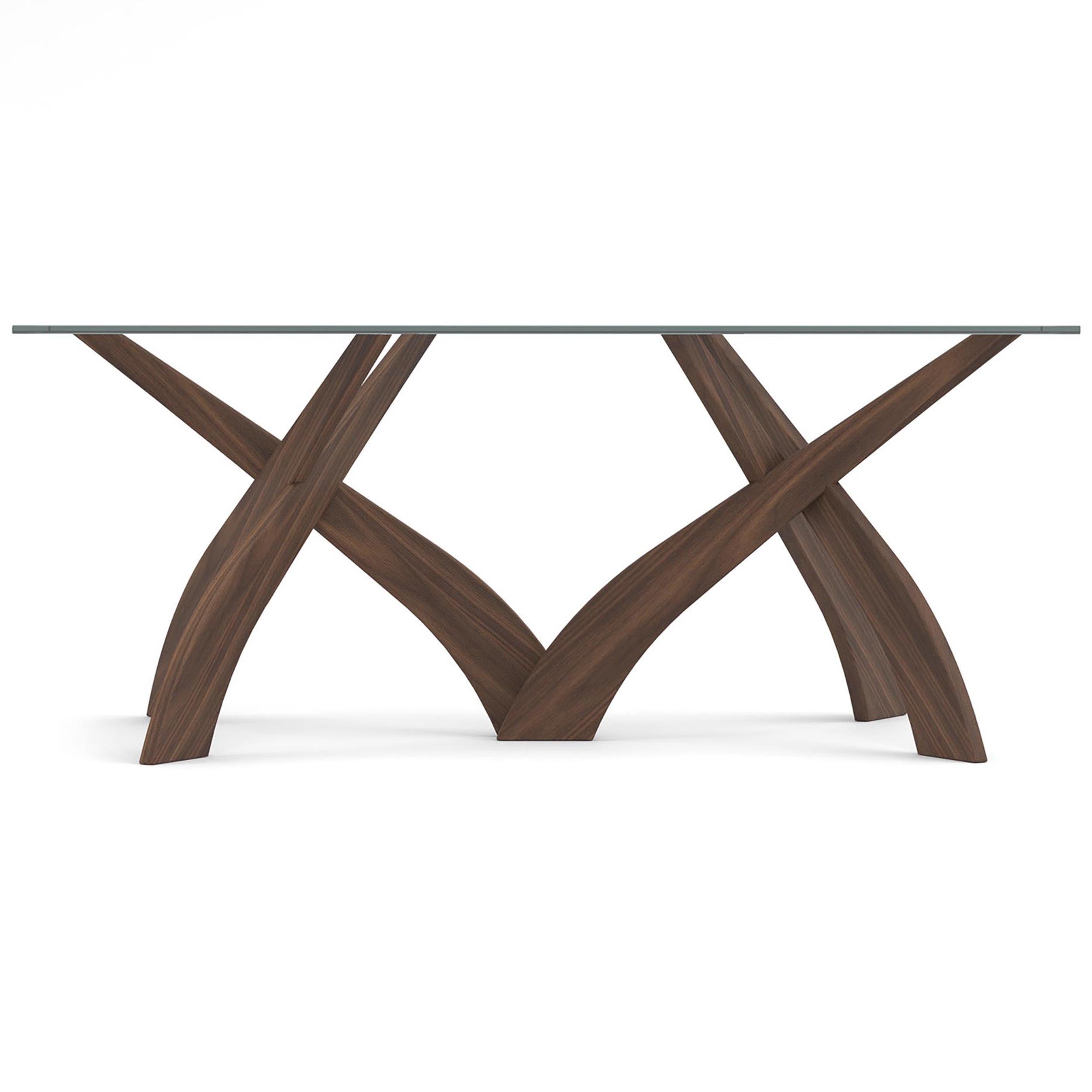 Entwine Double Pedestal Glass Top Table, Natural Walnut