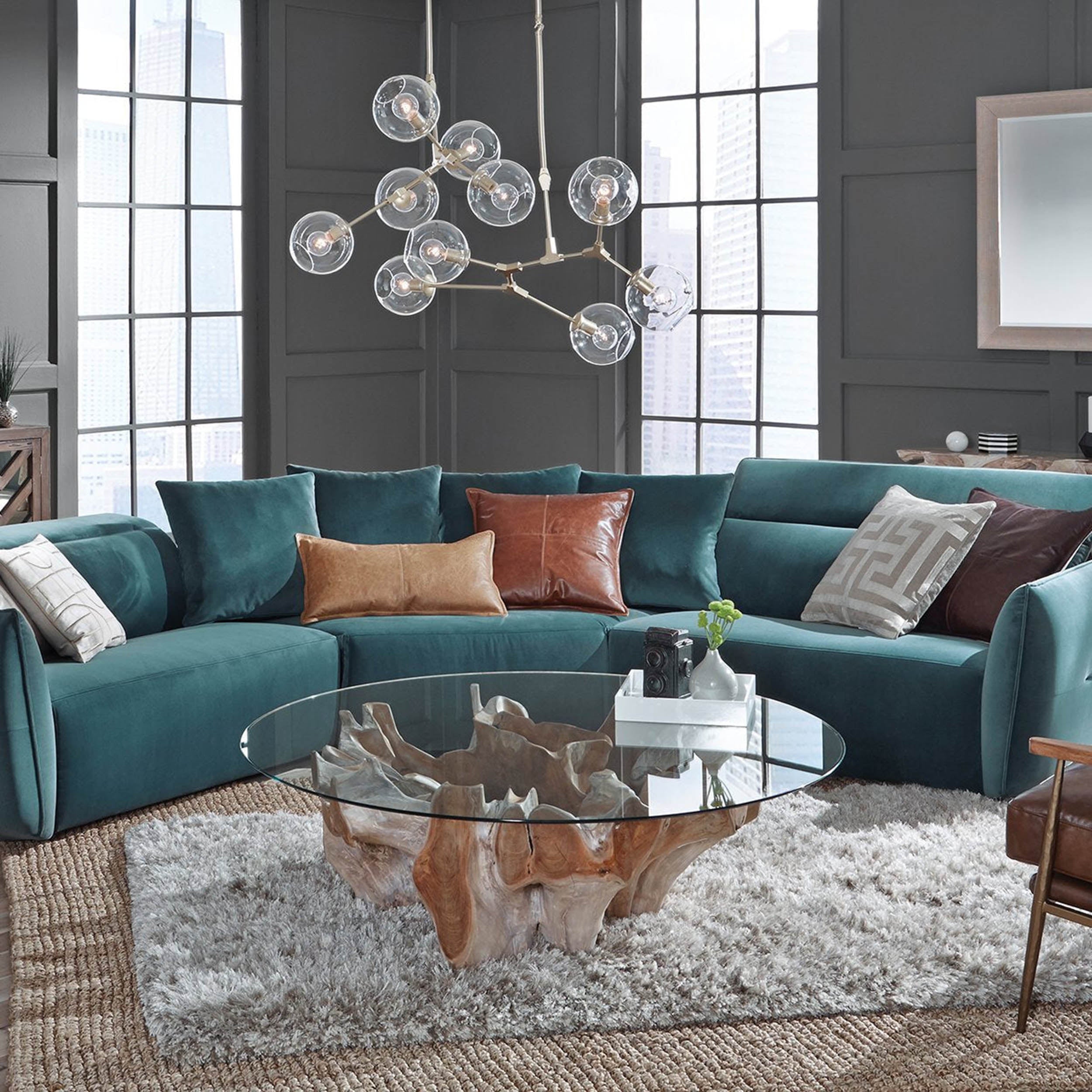 Hailey Teak Root Glass Coffee Table, Natural White