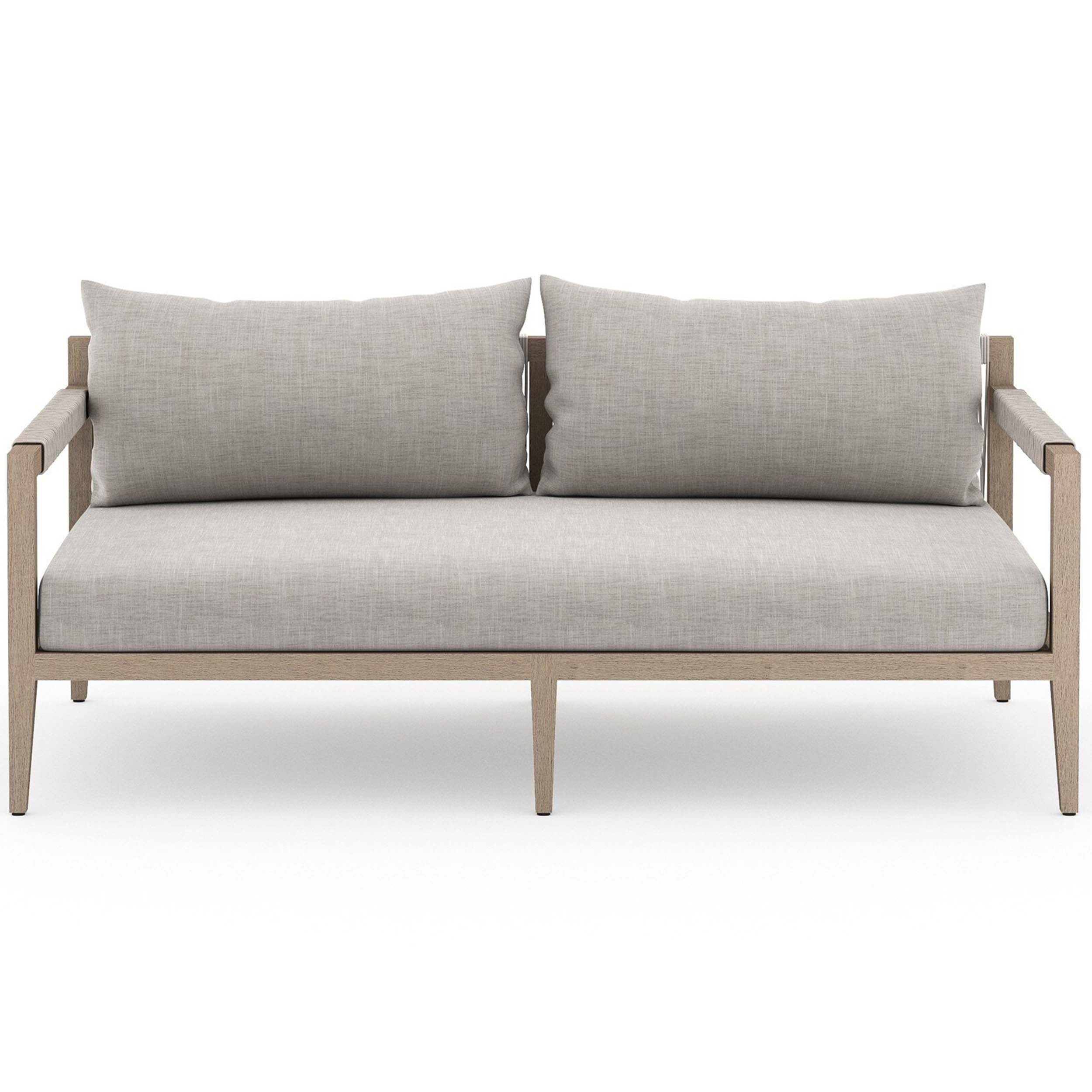 Sherwood Outdoor Sofa, Washed Brown, Venao Charcoal with comfortable cushions and modern linear frame.