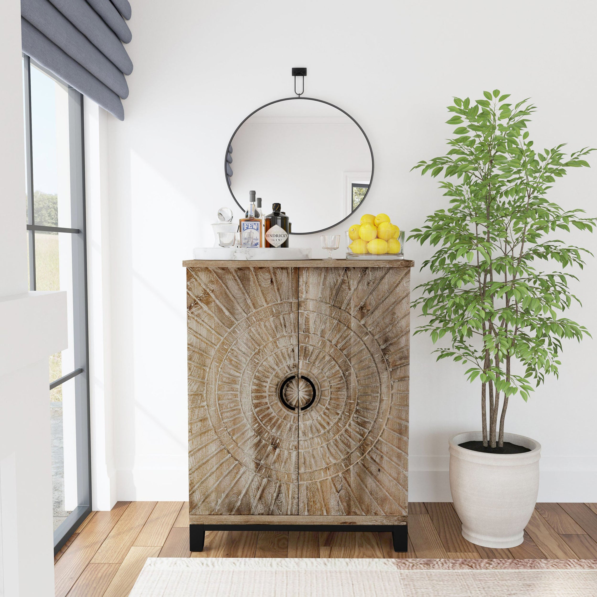 Vivian Solid Wood Bar Cabinet, Distressed Taupe