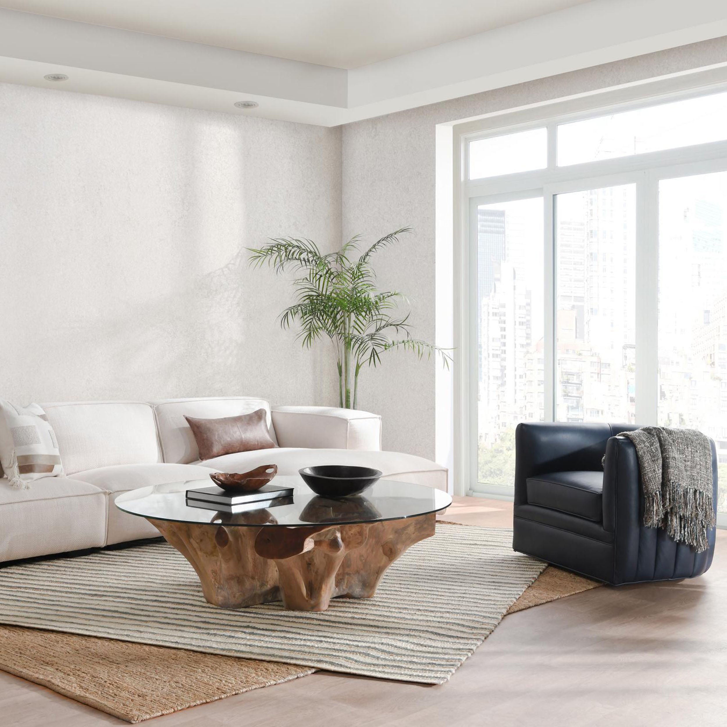 Willow Teak Root Glass Coffee Table, Natural White