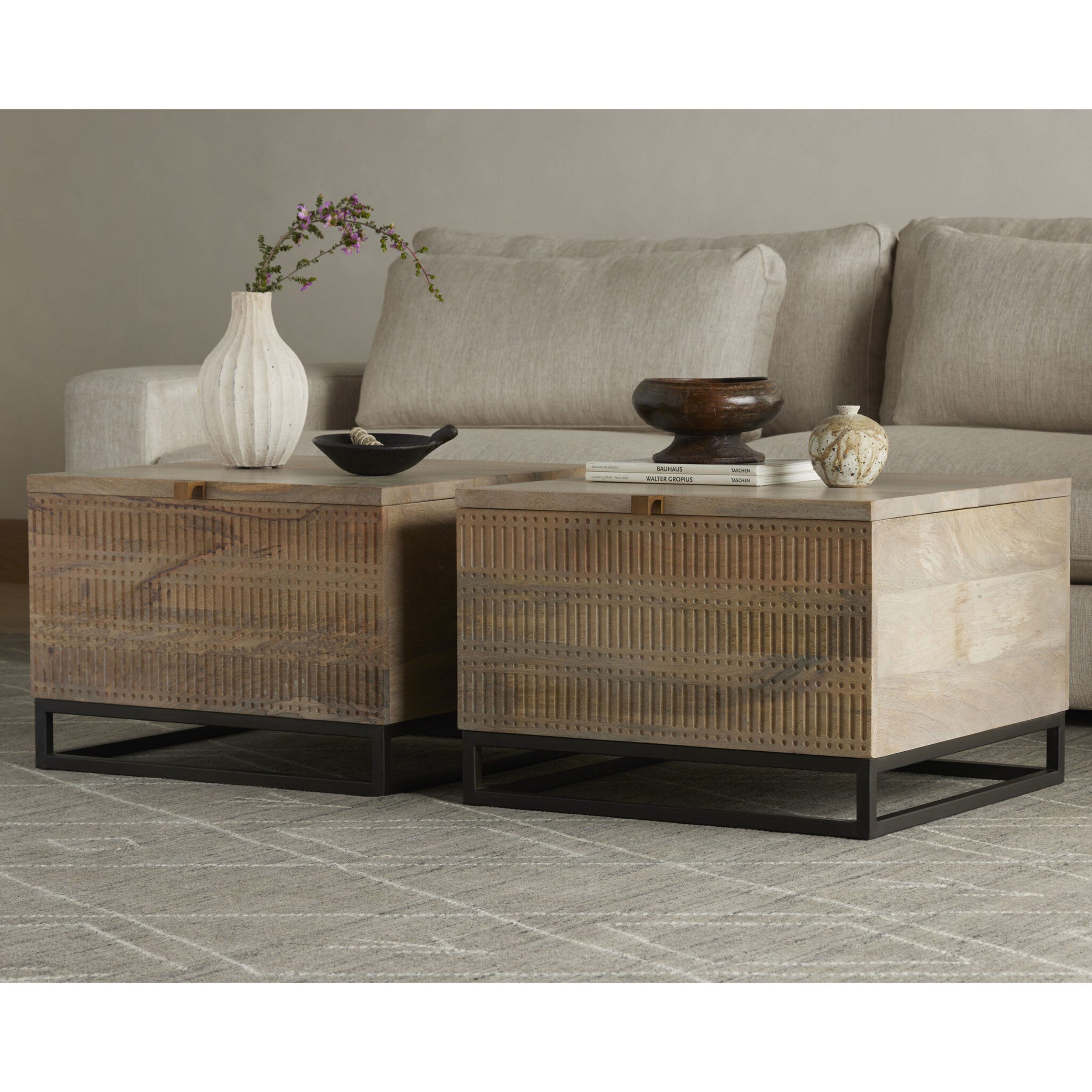 Kelby Storage Bunching Table, Gunmetal, Light Wash Carved